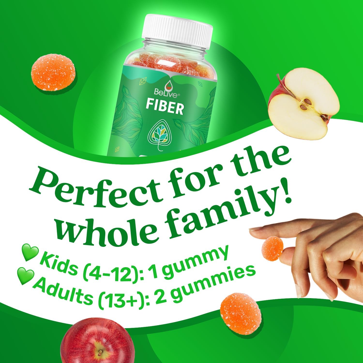 Apple Flavored BeLive Fiber Gummies - Prebiotic Supplement with Chicory Root & Inulin | Supports Digestive Health | Vegan & Sugar Free | 60 Ct.