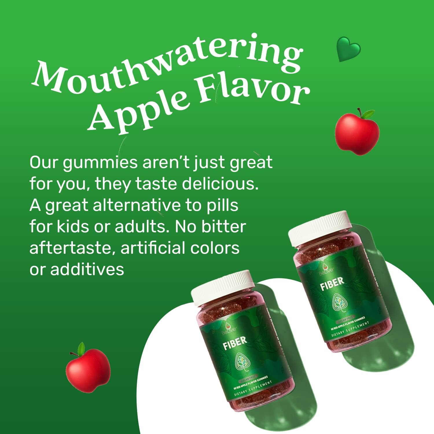 Apple Flavored BeLive Fiber Gummies - Prebiotic Supplement with Chicory Root & Inulin | Supports Digestive Health | Vegan & Sugar Free | 60 Ct.