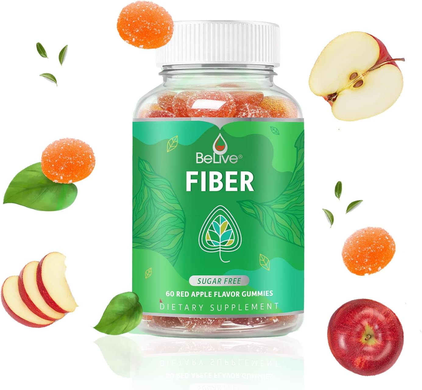Apple Flavored BeLive Fiber Gummies - Prebiotic Supplement with Chicory Root & Inulin | Supports Digestive Health | Vegan & Sugar Free | 60 Ct.
