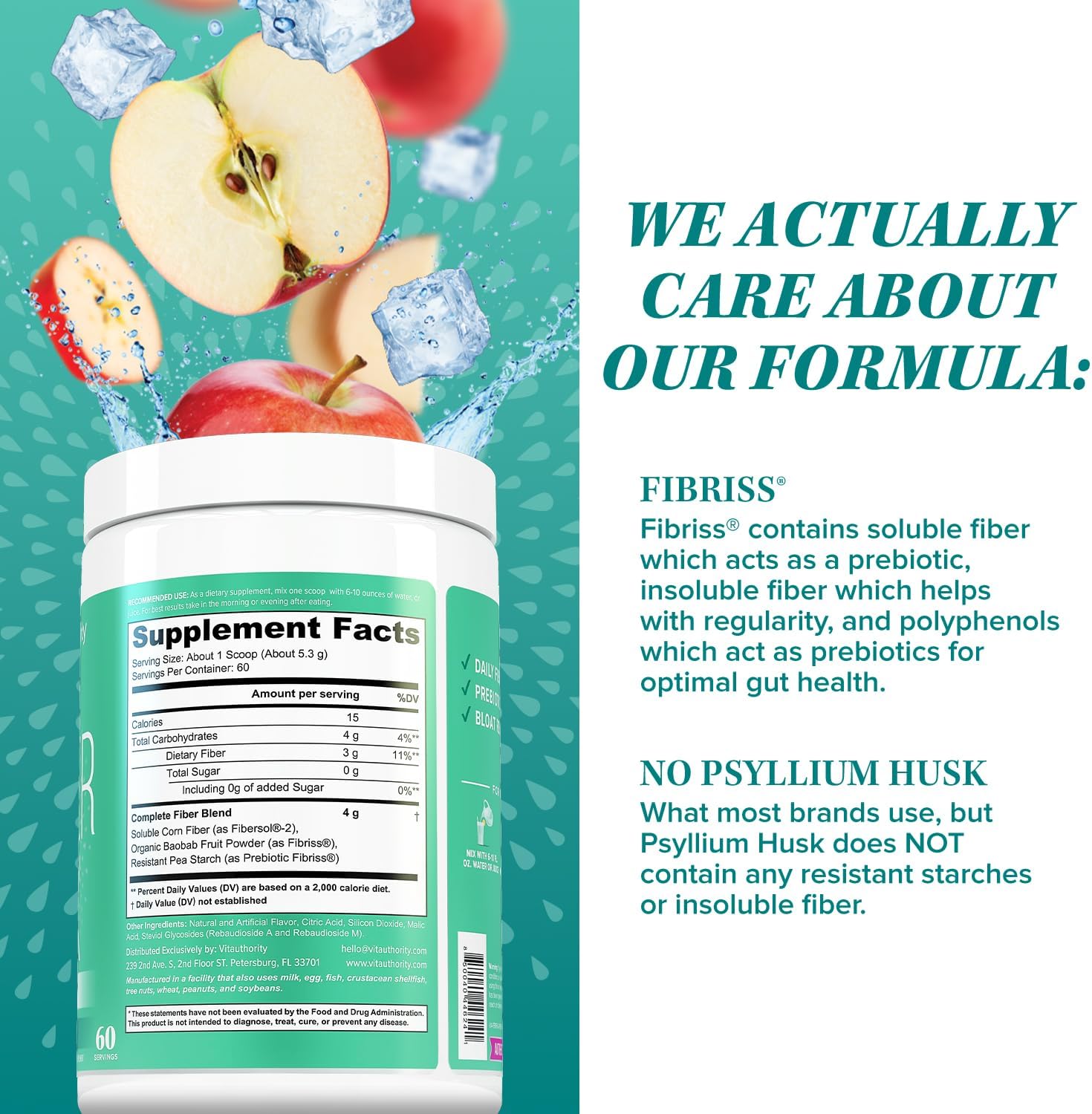 Apple Flavored Fiber Supplement Powder for Women | Colon Cleanse Detox, Prebiotic, Digestive Health, Regularity, Satiety & Bloating Relief | Gut Cleanser with 60 Servings