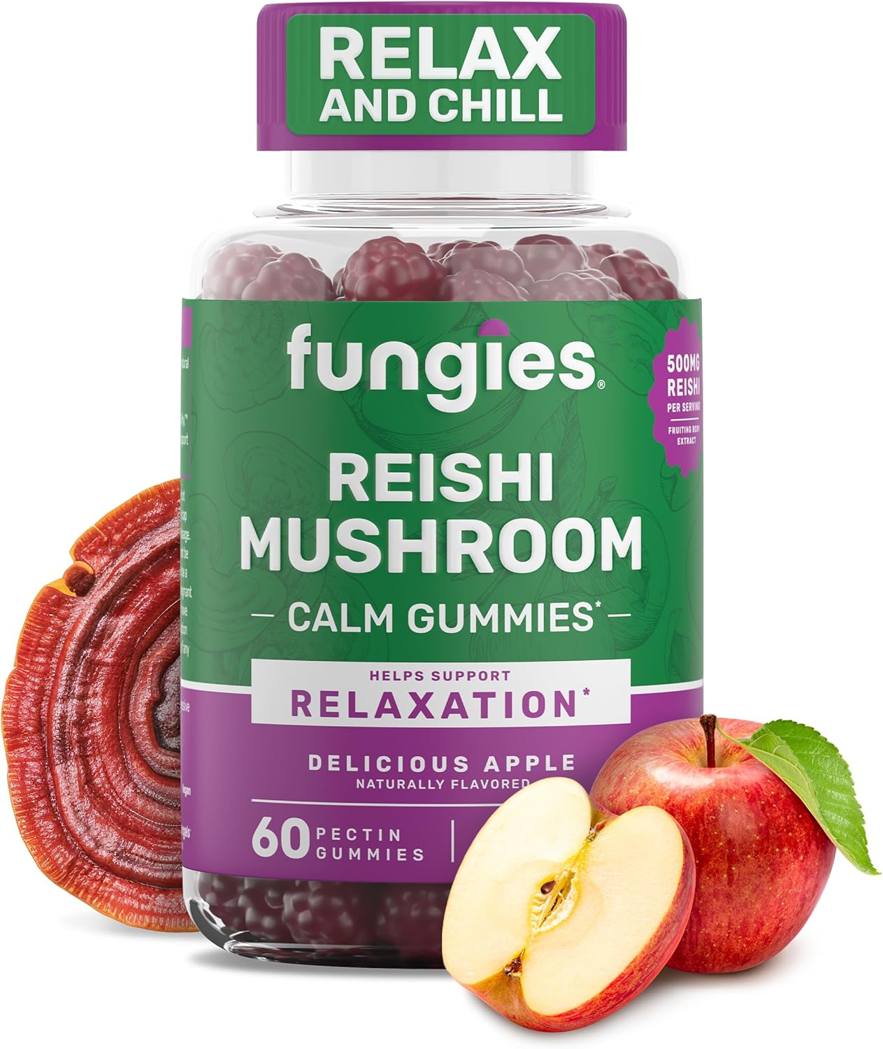 Apple Flavored Reishi Mushroom Gummies for Immune Health, Relaxation, & Sleep - Herbal Supplement for Adults - 60 Servings