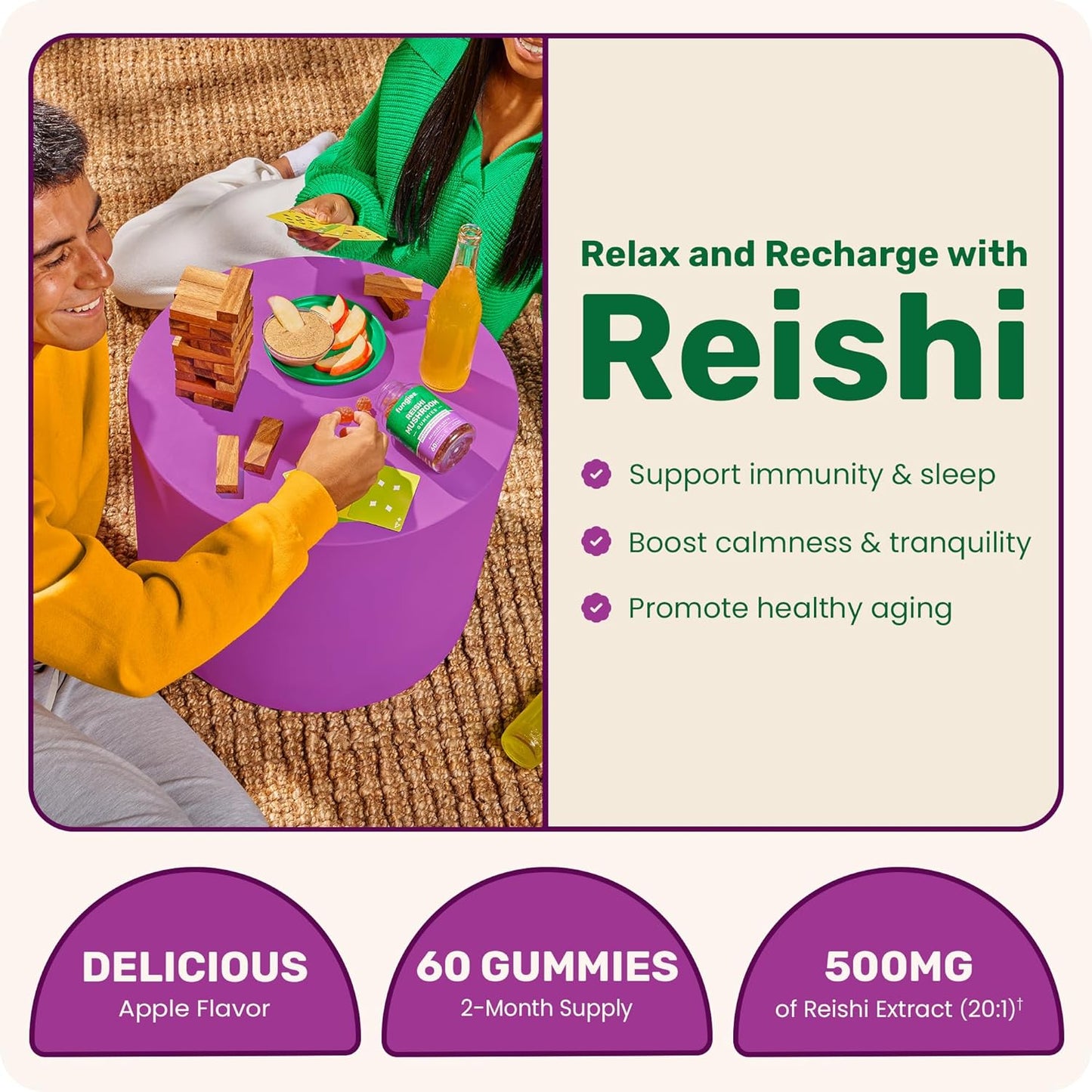 Apple Flavored Reishi Mushroom Gummies for Immune Health, Relaxation, & Sleep - Herbal Supplement for Adults - 60 Servings