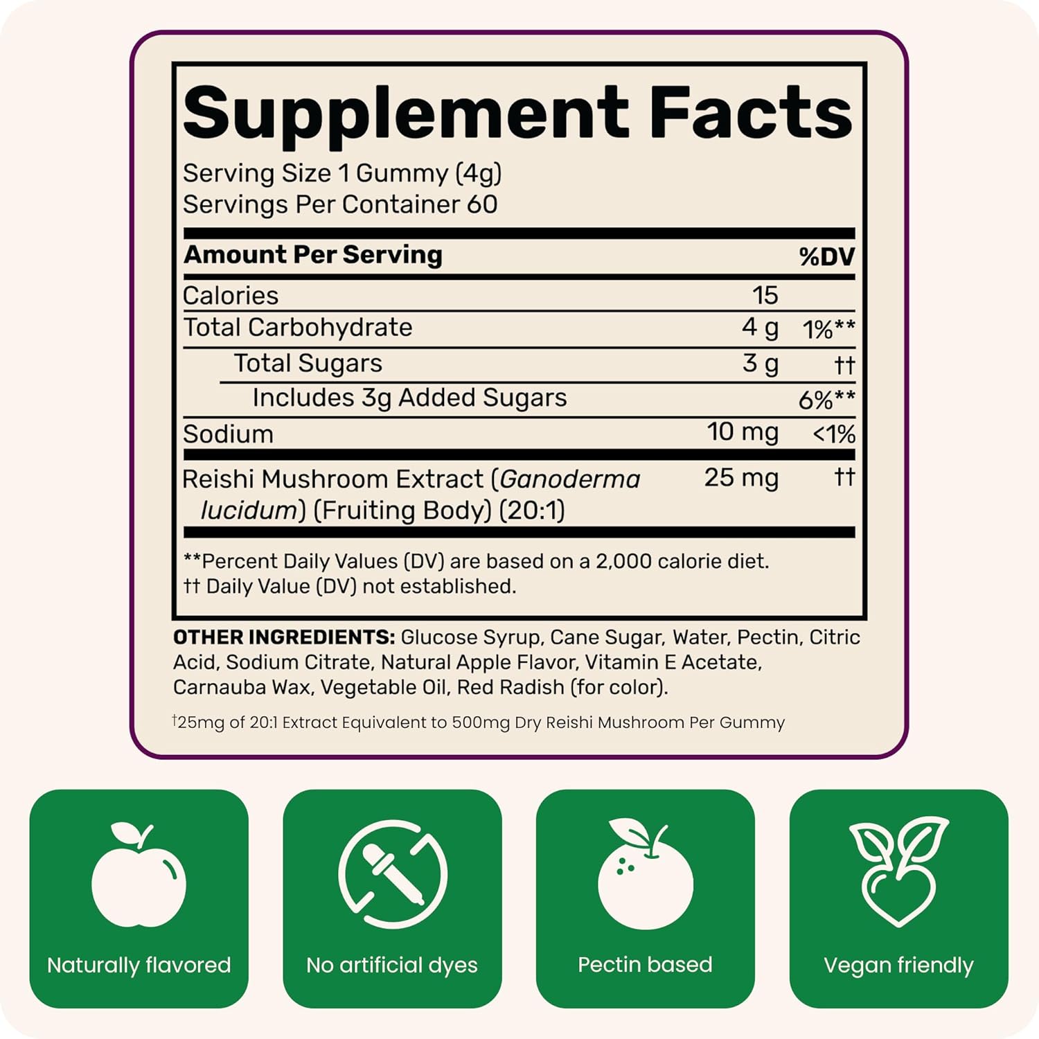 Apple Flavored Reishi Mushroom Gummies for Immune Health, Relaxation, & Sleep - Herbal Supplement for Adults - 60 Servings