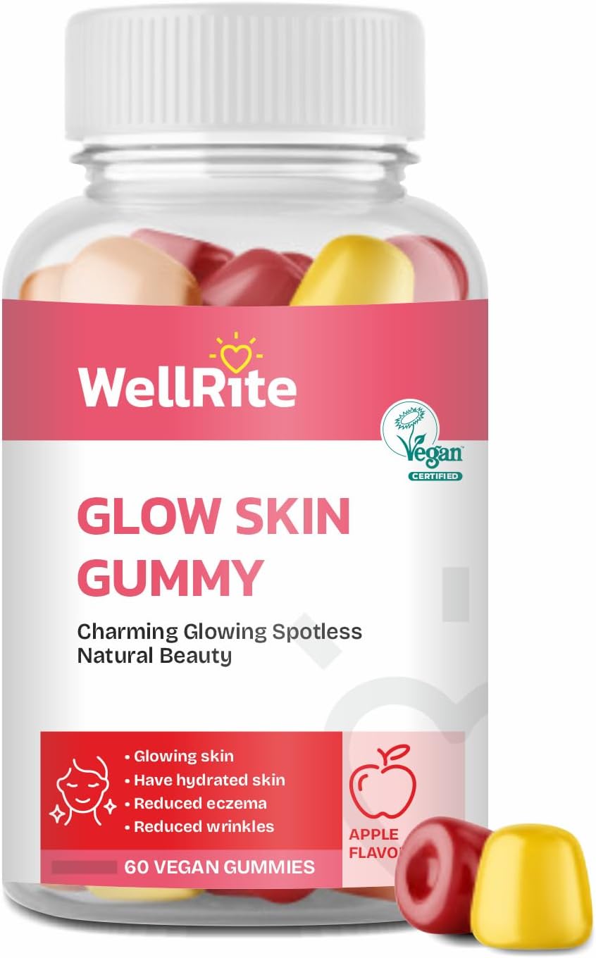Apple Flavored Wellrite Glow Skin Gummy Vitamins - 60 Count, Vegan & Gluten Free for Glowing & Hydrated Skin with Reduced Eczema & Wrinkles