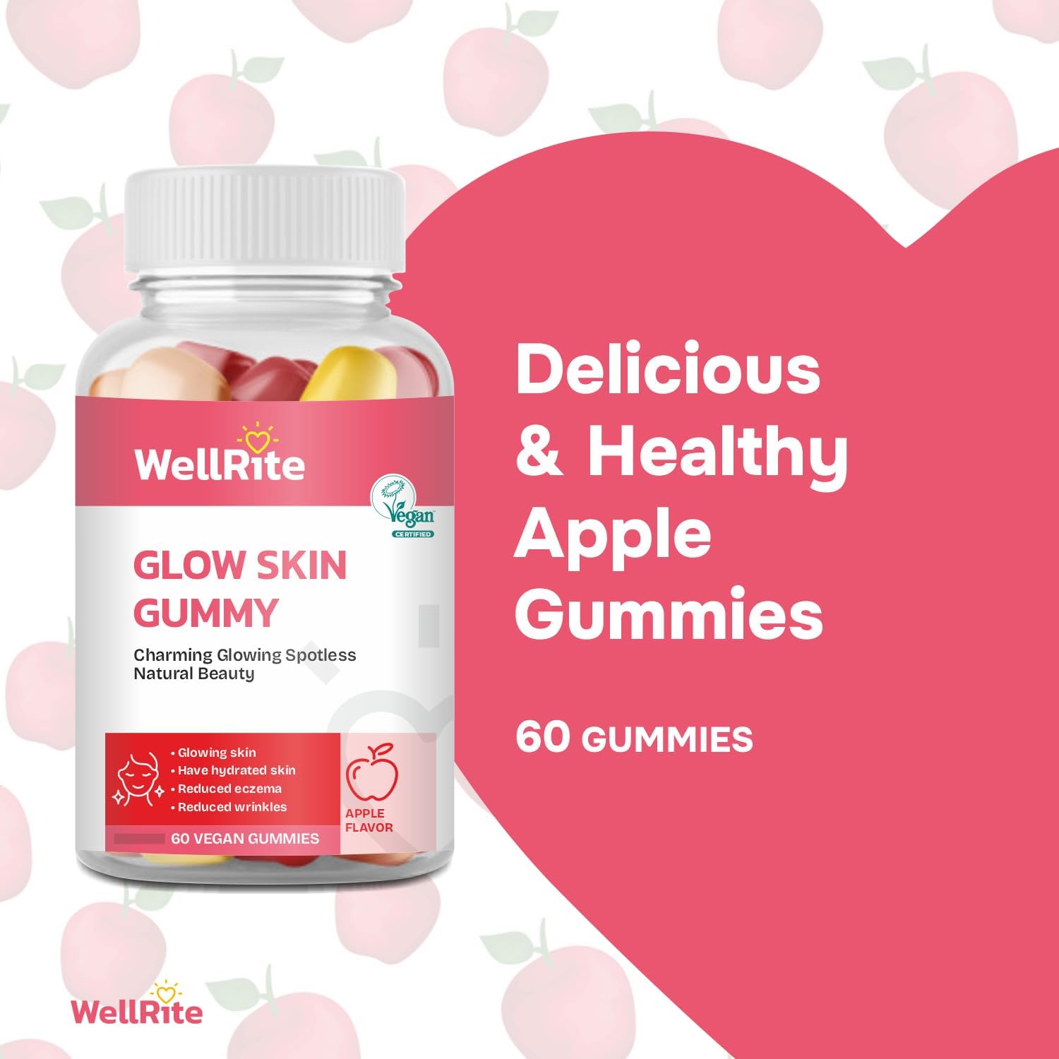 Apple Flavored Wellrite Glow Skin Gummy Vitamins - 60 Count, Vegan & Gluten Free for Glowing & Hydrated Skin with Reduced Eczema & Wrinkles