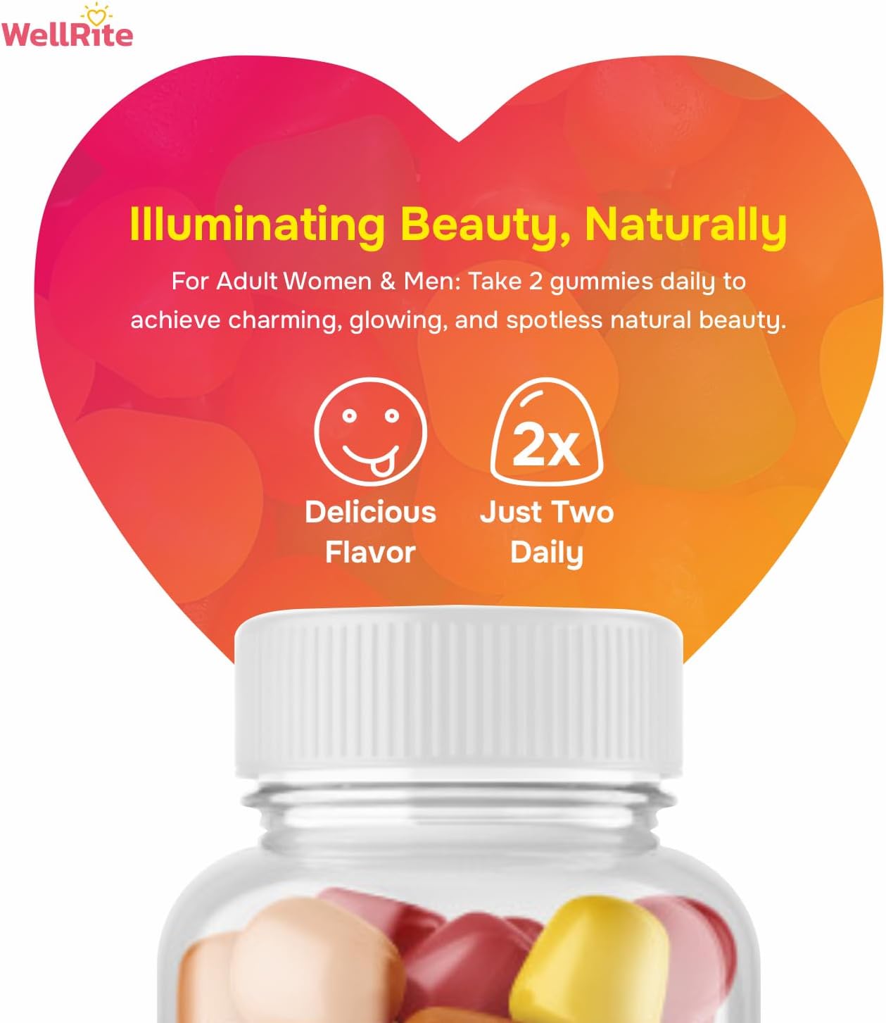 Apple Flavored Wellrite Glow Skin Gummy Vitamins - 60 Count, Vegan & Gluten Free for Glowing & Hydrated Skin with Reduced Eczema & Wrinkles