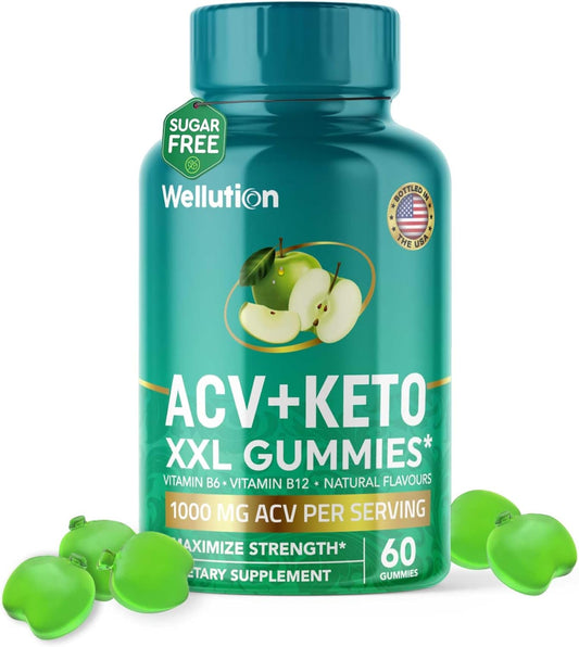Apple Flavored WELLUTION XXL Keto ACV Gummies - 1,000mg, 60 Count - Sugar-Free Digestion & Detox Support for Men & Women - Metabolism Boost & Weight Loss Aid