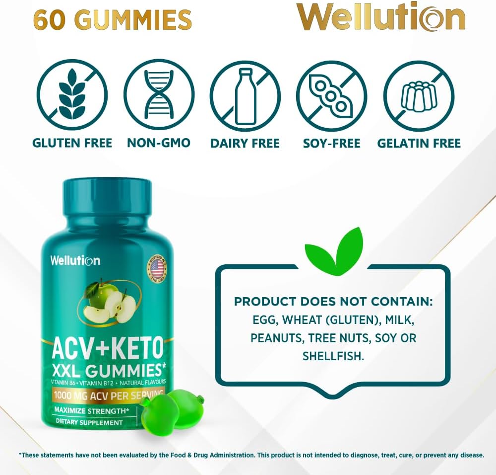 Apple Flavored WELLUTION XXL Keto ACV Gummies - 1,000mg, 60 Count - Sugar-Free Digestion & Detox Support for Men & Women - Metabolism Boost & Weight Loss Aid