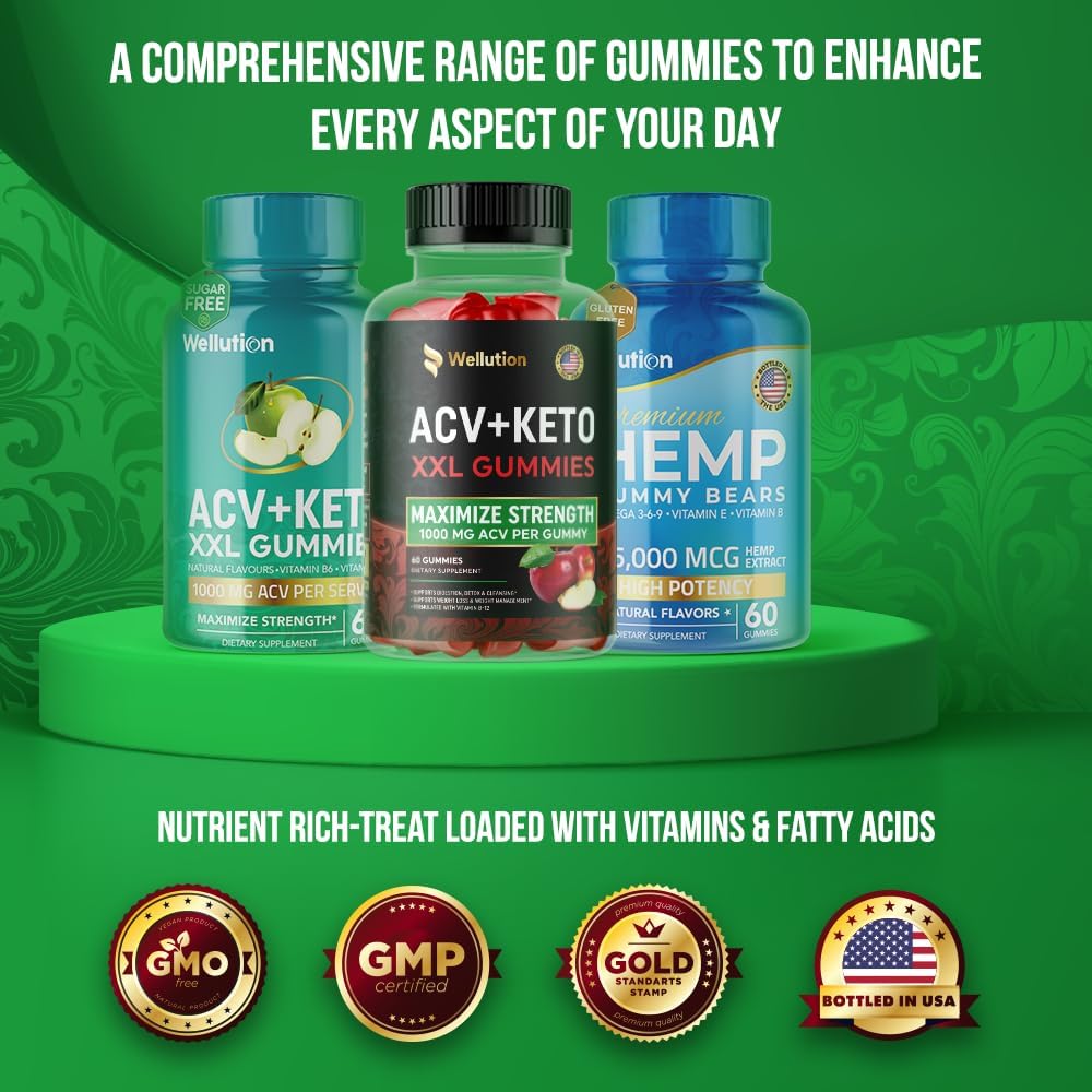 Apple Flavored WELLUTION XXL Keto ACV Gummies - 1,000mg, 60 Count - Sugar-Free Digestion & Detox Support for Men & Women - Metabolism Boost & Weight Loss Aid