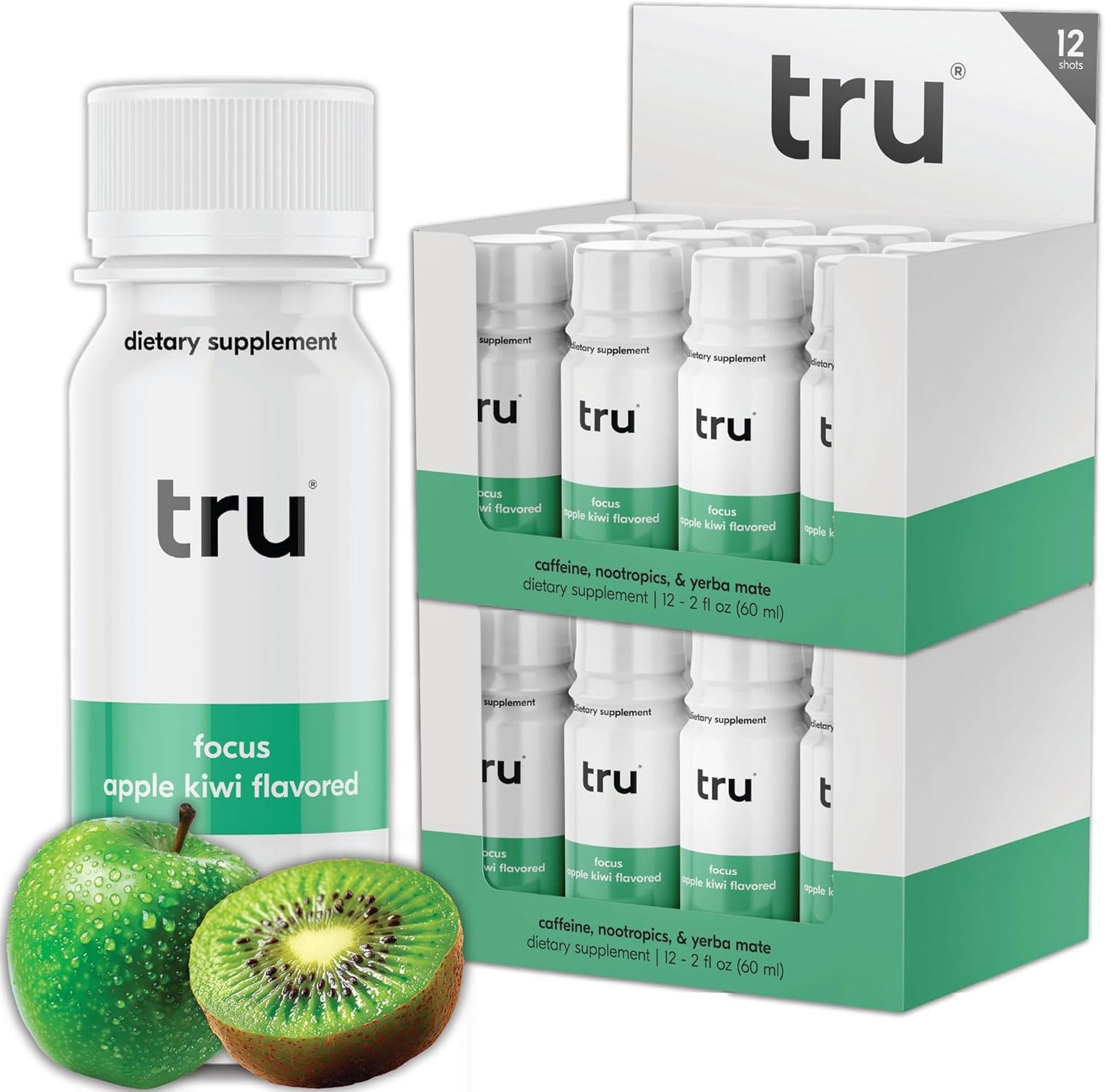 Apple Kiwi Flavored Extra Strength Energy Shots with Nootropics, Adaptogens, and Natural Caffeine - Zero Sugar, GF, Keto, Vegan - 2oz (Pack of 24)