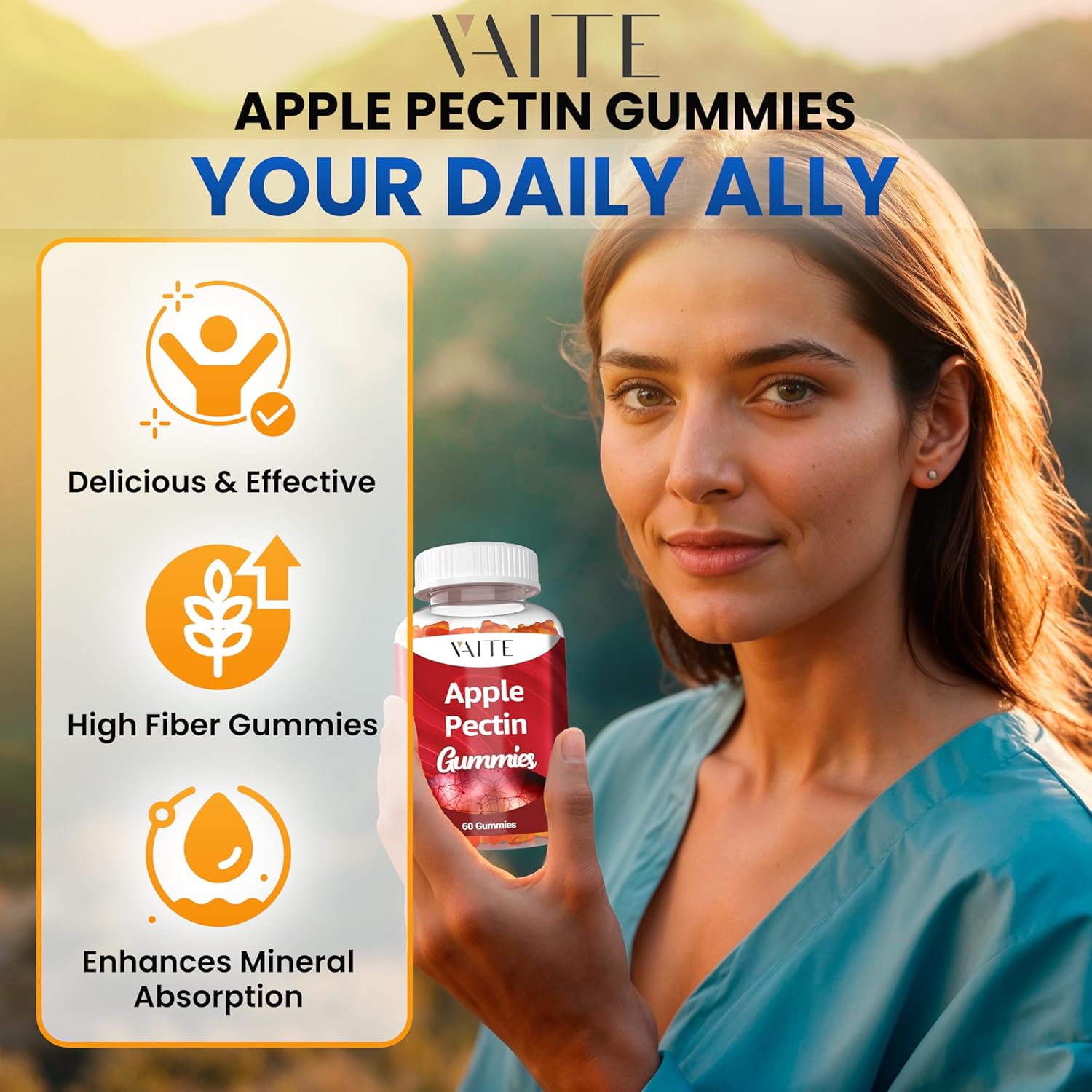 Apple Pectin Gummies - High-Fiber Supplement with 2000mg Cholesterol Lowering Support - 60 Vegan Gummy Bears for Digestive Health & Stomach Comfort