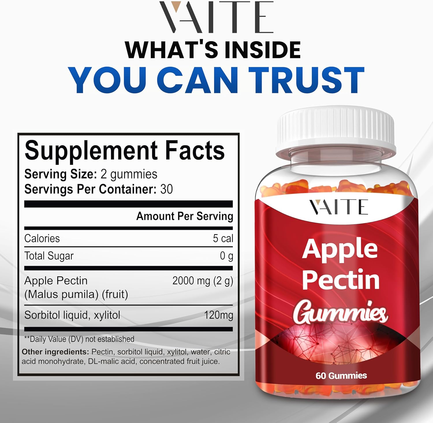 Apple Pectin Gummies - High-Fiber Supplement with 2000mg Cholesterol Lowering Support - 60 Vegan Gummy Bears for Digestive Health & Stomach Comfort