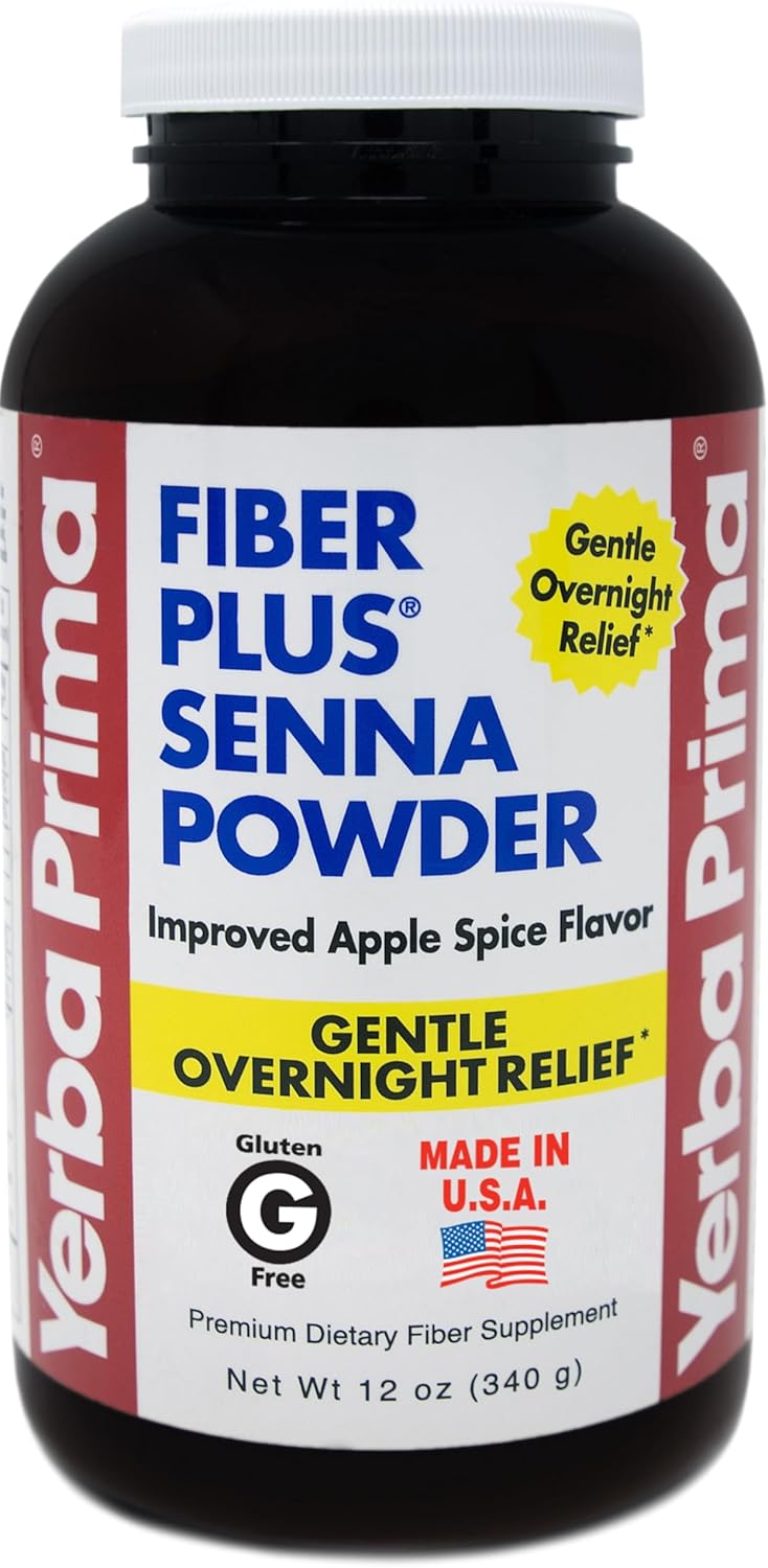 Apple Spice Flavored Yerba Prima Fiber Plus Senna Powder - 12 oz, Gentle Overnight Relief, Non-GMO, Made in USA, Stevia Sweetened - Restores Regularity Fast