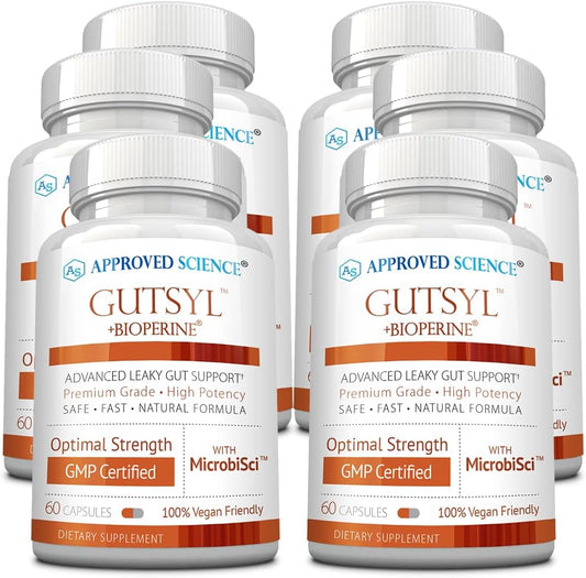 Approved Science® Gutsyl- Leaky Gut Supplement with Aloe Vera, Marshmallow Root, Licorice, Slippery Elm, Prebiotic, BioPerine - 6 Months Supply - Vegan Formula