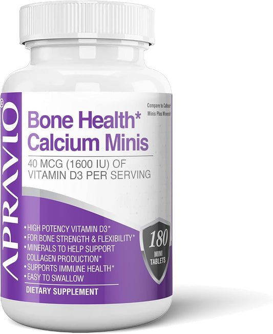 APRAVIO Bone Health Calcium Minis Tablets with Vitamin D3, Magnesium, Zinc, Copper, Manganese - Mineral Supplements for Bone Strength, Collagen, Immune Health - 180 Count