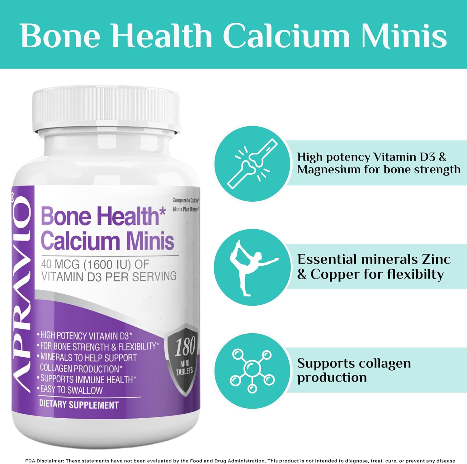 APRAVIO Bone Health Calcium Minis Tablets with Vitamin D3, Magnesium, Zinc, Copper, Manganese - Mineral Supplements for Bone Strength, Collagen, Immune Health - 180 Count