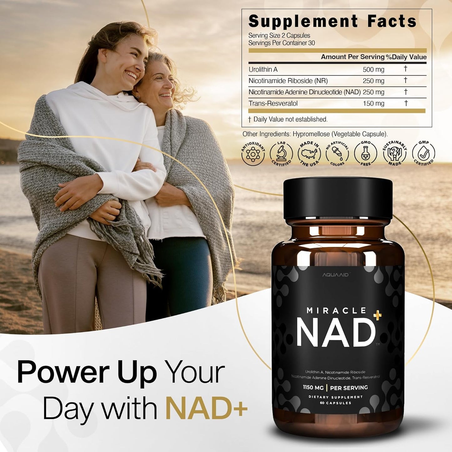 AQUAAID Miracle NAD Supplement with Urolithin A, NR, NAD+, Resveratrol - Healthy Aging & Cellular Energy - 60 Capsules
