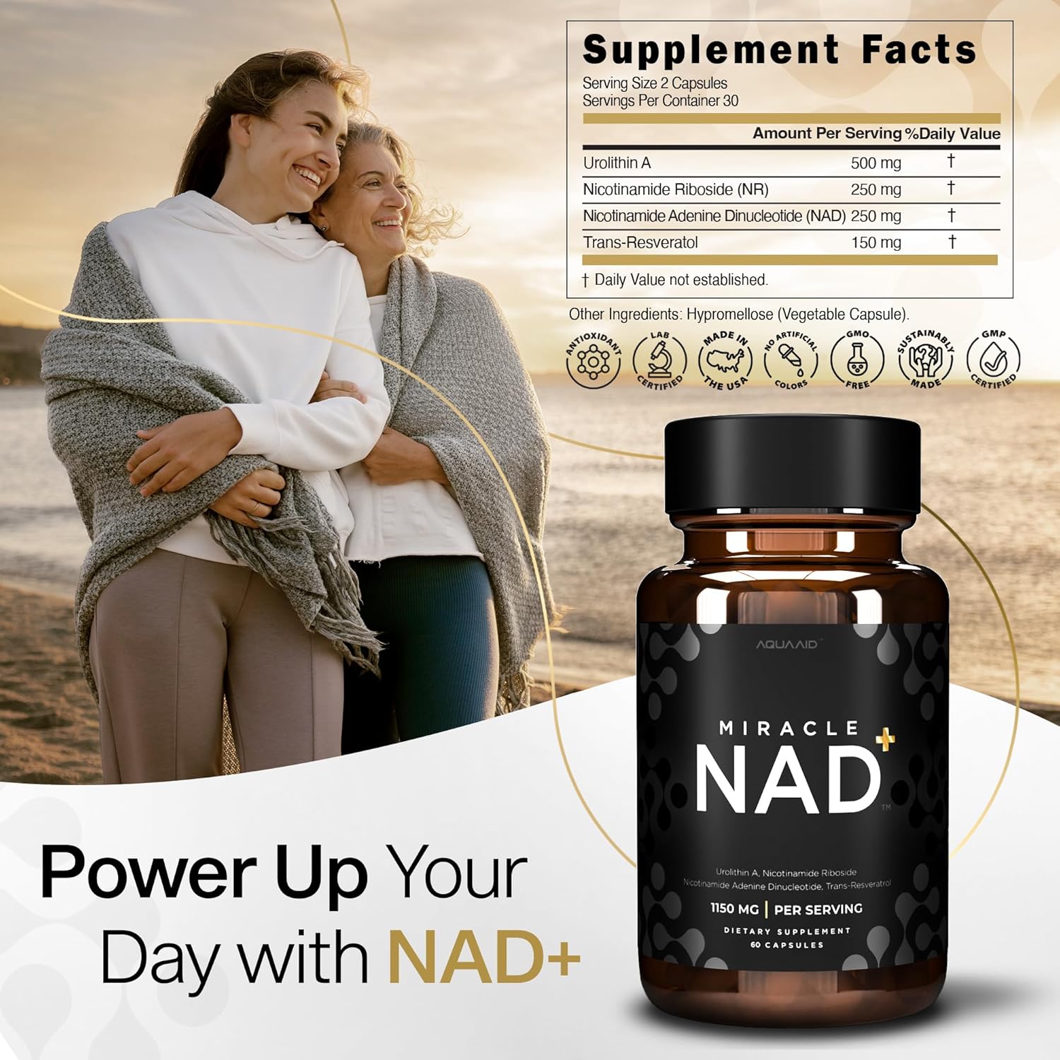 AQUAAID Miracle NAD Supplement with Urolithin A, NR, NAD+, Resveratrol - Healthy Aging & Cellular Energy - 60 Capsules