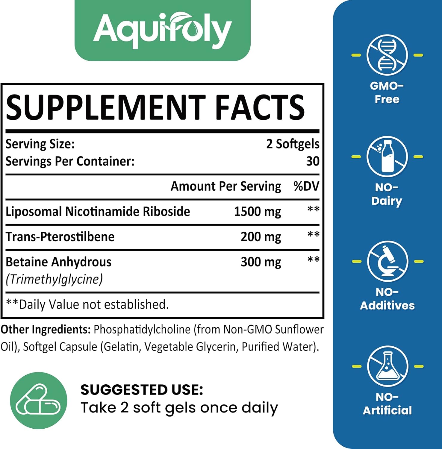 Aquifoly Liposomal NMN Supplement 2000mg with TMG and Pterostilbene for NAD+ Boost, Cellular Energy, and Age Defense - 60 Softgels
