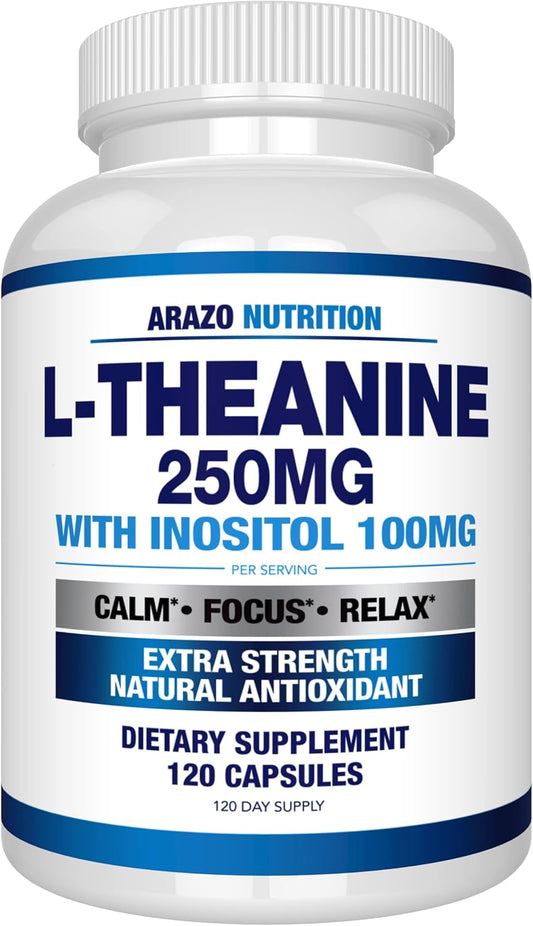 Arazo Nutrition L-Theanine 250mg with Inositol 100mg - Extra Strength, 120 Capsules - Vegetarian Formula