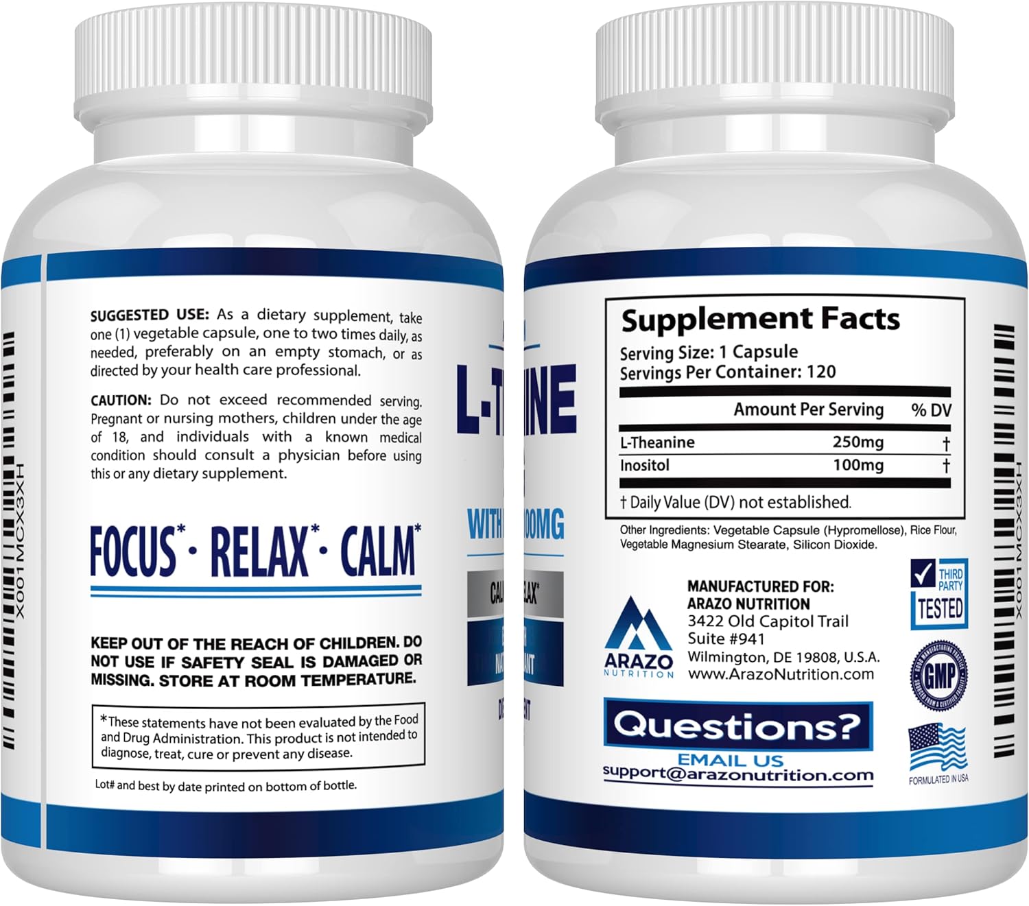 Arazo Nutrition L-Theanine 250mg with Inositol 100mg - Extra Strength, 120 Capsules - Vegetarian Formula
