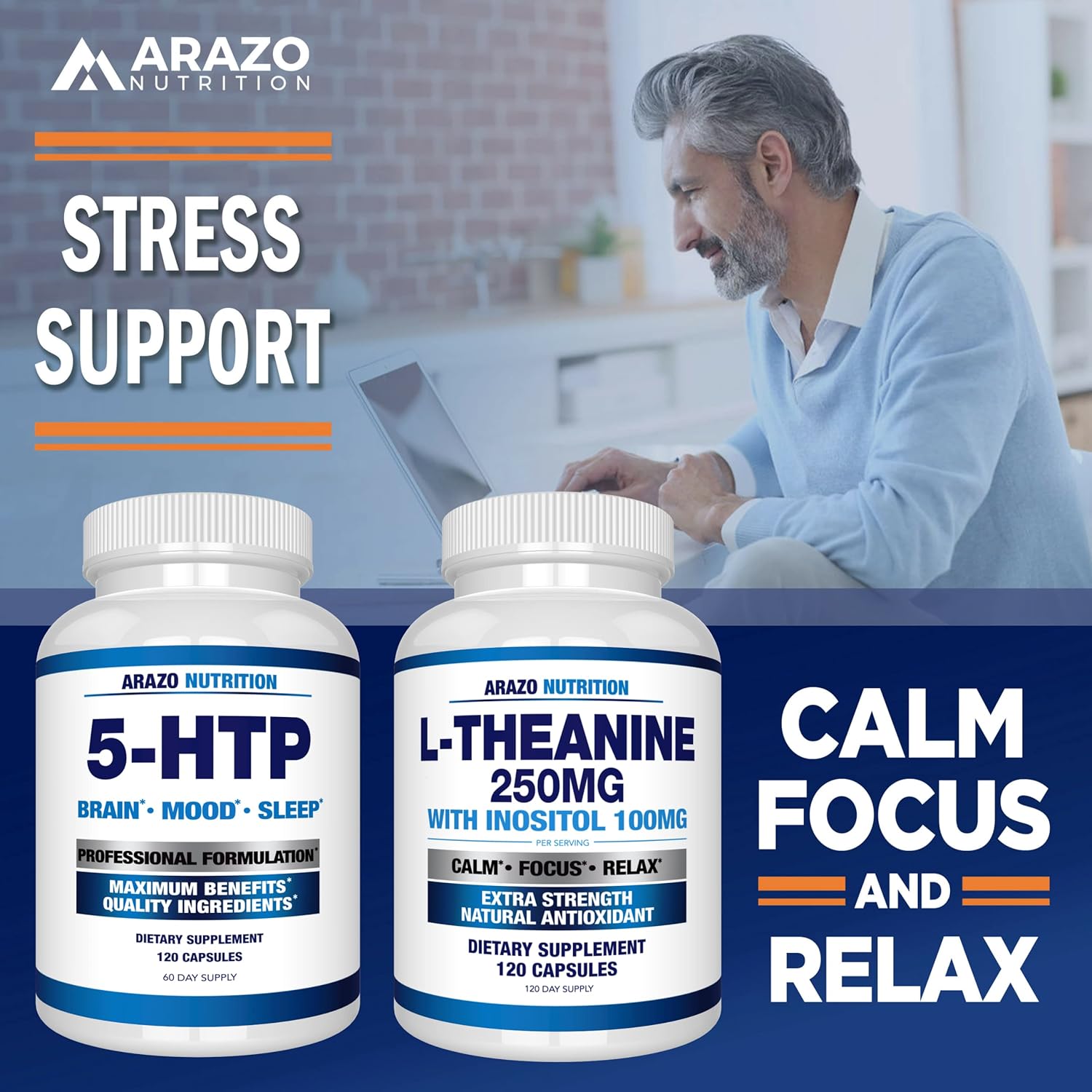 Arazo Nutrition L-Theanine 250mg with Inositol 100mg - Extra Strength, 120 Capsules - Vegetarian Formula