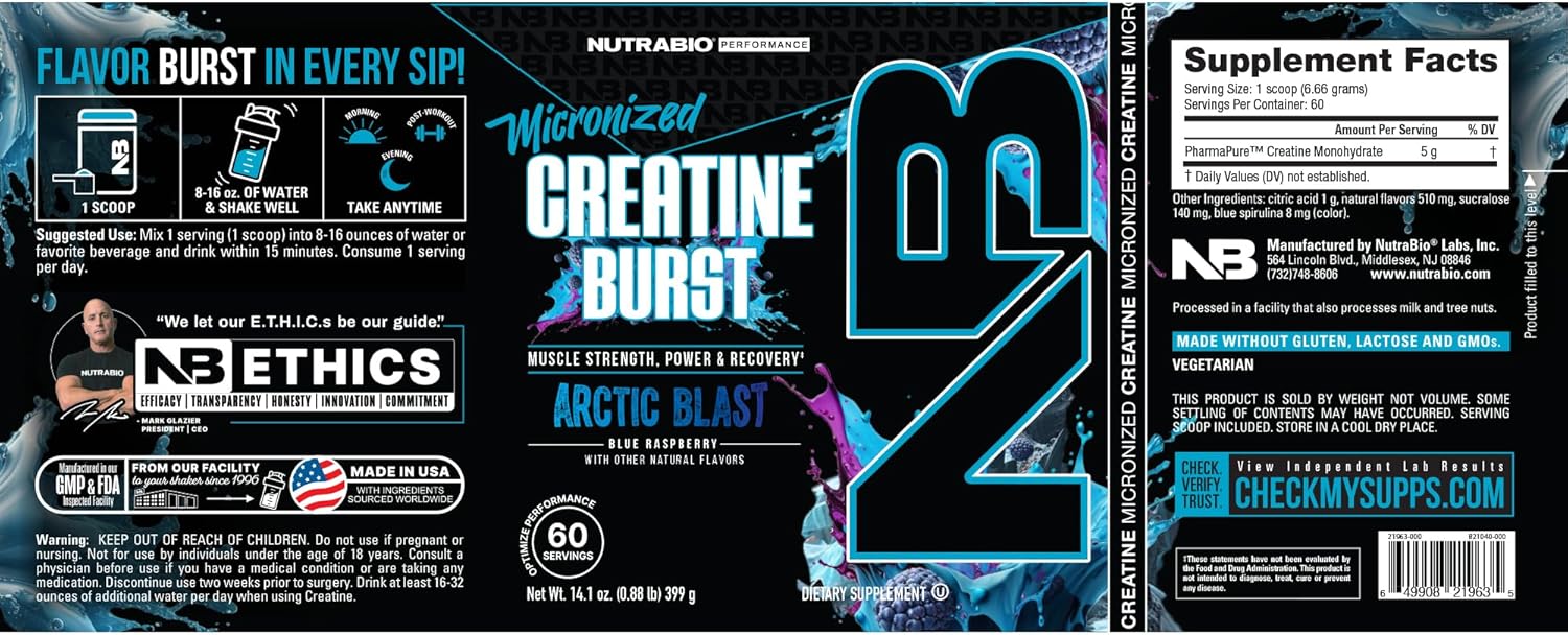 Arctic Blast NutraBio Creatine Monohydrate Powder (300g) - Boost Muscle Energy, Recovery, Strength - HPLC Tested for Men and Women