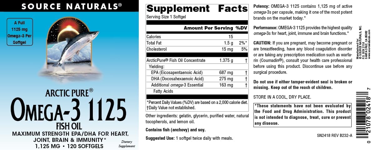 ArcticPure Omega-3 Fish Oil 1125mg Softgels for Heart, Joint, Brain & Immune Health - 120 Count