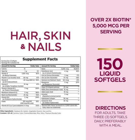 Argan-Infused Hair, Skin, and Nails Supplement with Biotin and Hyaluronic Acid - 300 Softgels (2 Pack) by Nature's Bounty