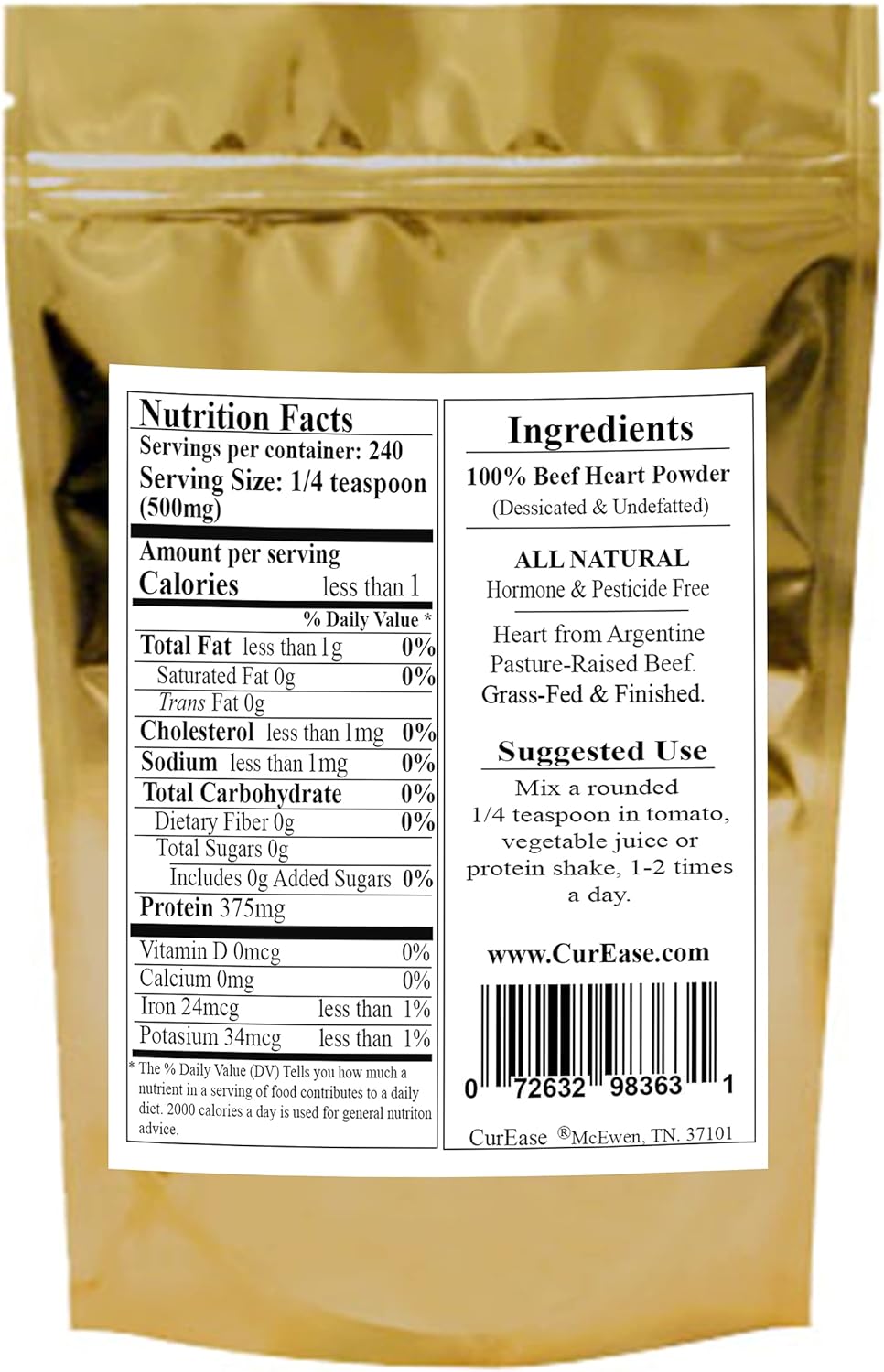 Argentine Bovine Beef Heart Powder - 4.2 oz Bag for CurEase