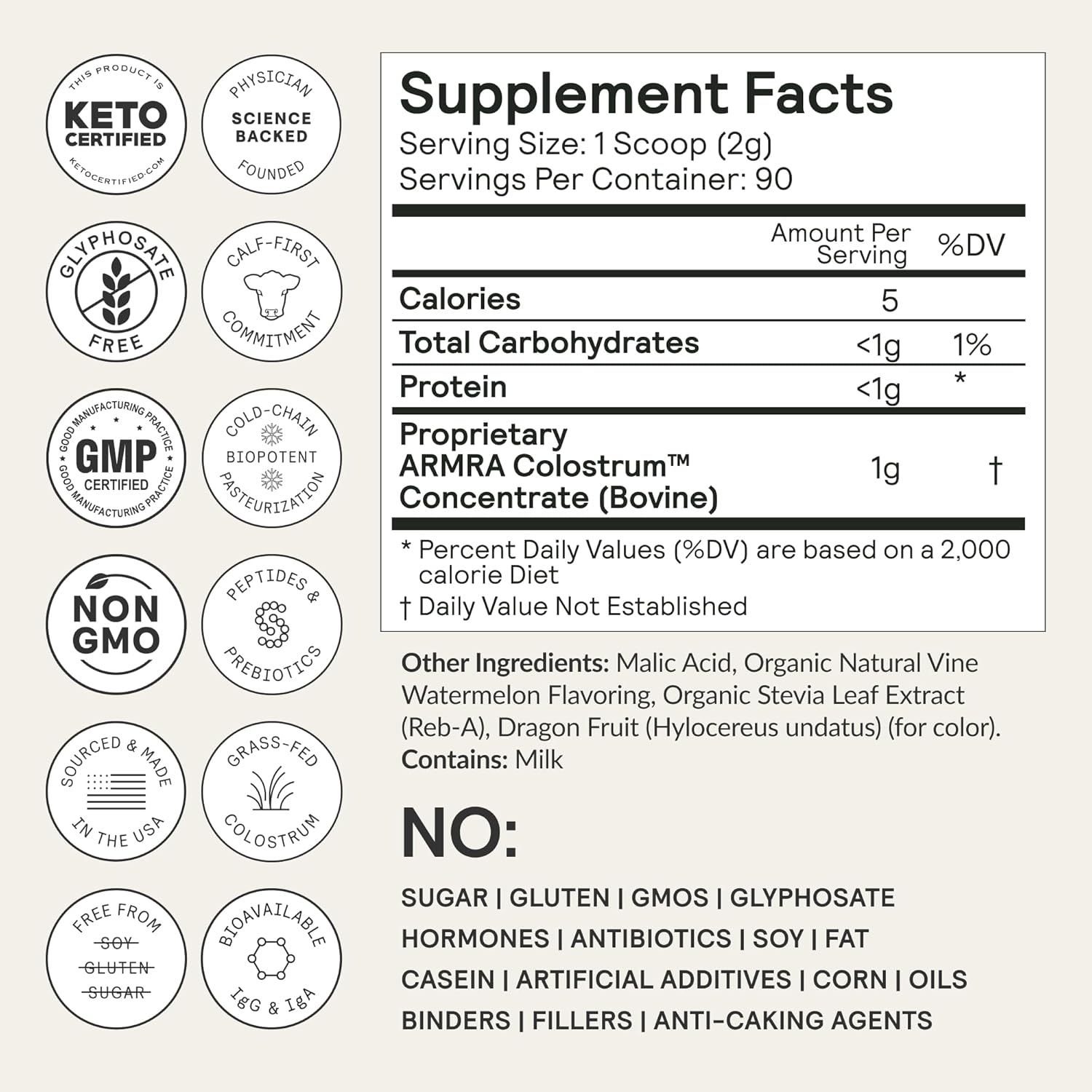 ARMRA Colostrum™ Premium Powder: Grass Fed, Gut Health & Immunity Support with 400+ Bioactive Nutrients - Keto Friendly & Gluten Free (Vine Watermelon Flavor | 90 Servings)