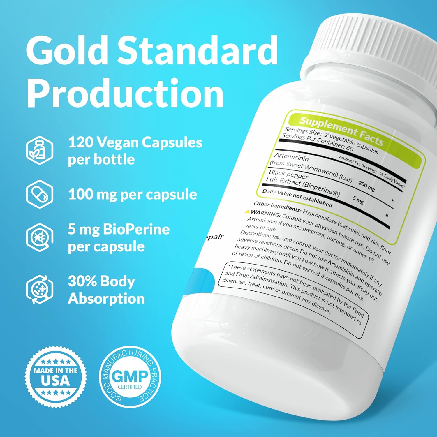 Artemisinin with BioPerine Capsules - 120 Vegan Capsules, 200 mg per Serving - Sweet Wormwood Extract - Enhanced Absorption & Non-GMO