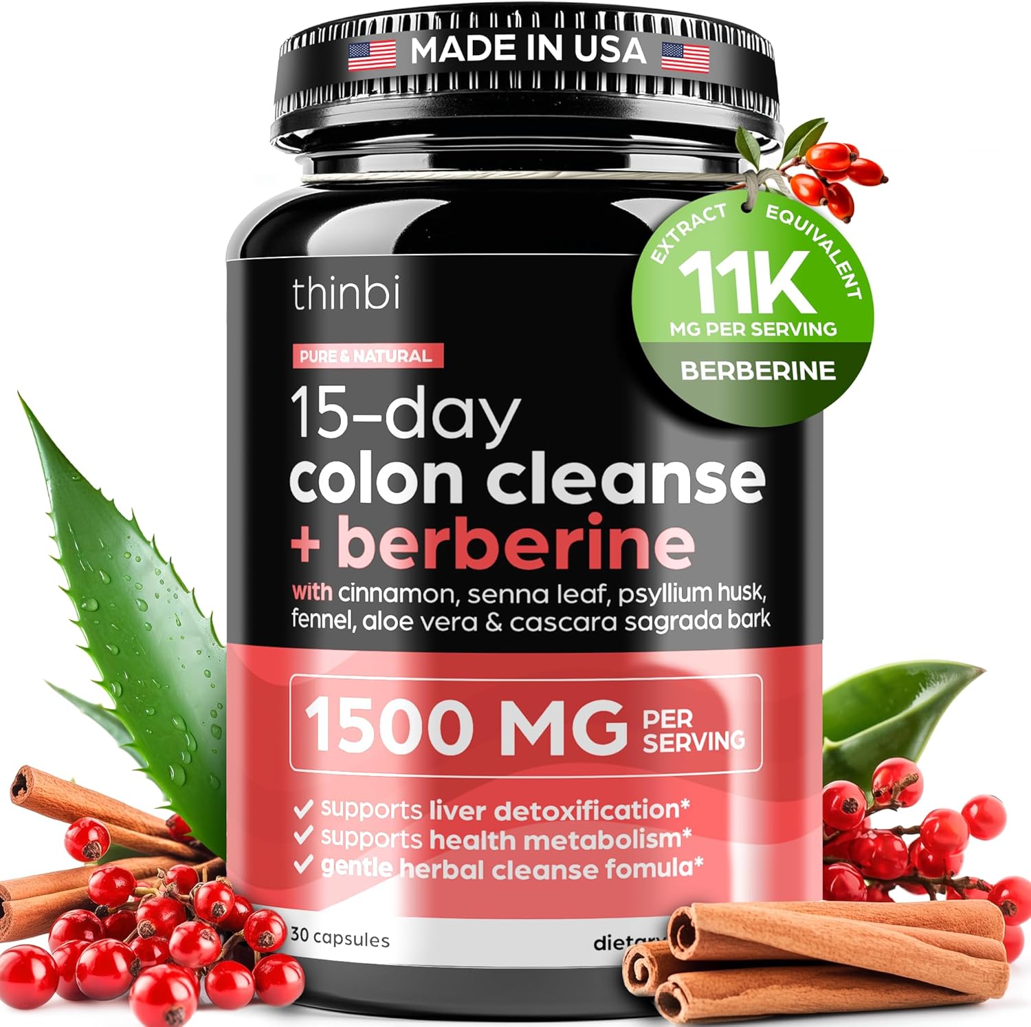 Artnaturals 15 Day Colon Cleanse Supplement with Aloe Vera - Extra Strength Berberine Detox for Men & Women - Fast-Acting Natural Relief for Constipation & Bloating - THINBI