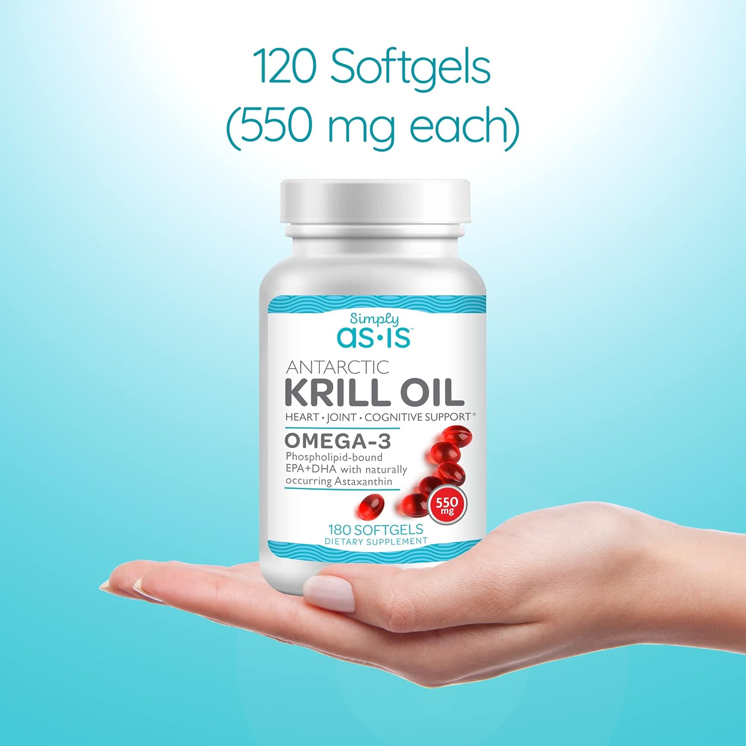 AS-IS Simply 550mg Antarctic Krill Oil Softgels - 180 Count - High in Omega-3s EPA & DHA - Rich in Astaxanthin - No Fishy Reflux