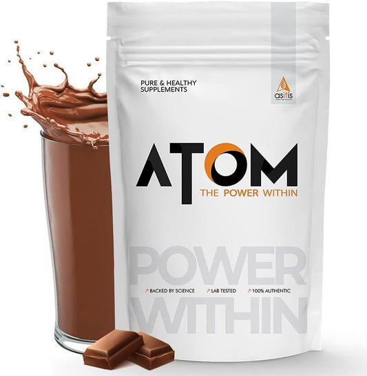 AS-IT-IS Atom Whey Protein 1kg/35.2 Oz with Digestive Enzymes - Rich Chocolate Flavor | 27g Protein | 5.7g Bcaa | Labdoor Certified USA