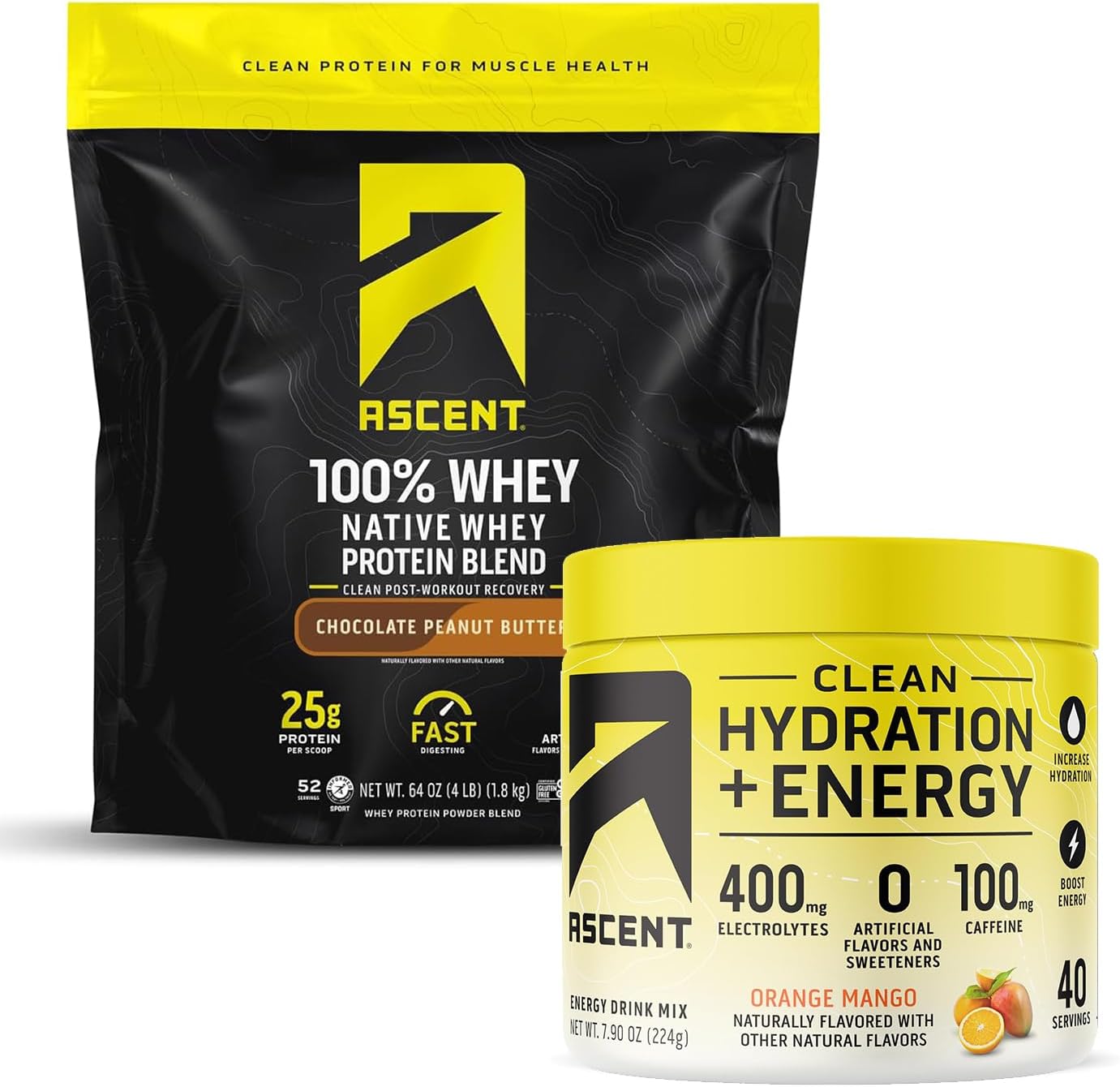 Ascent 100% Whey Protein Powder Chocolate Peanut Butter 4 lb & Electrolytes Orange Mango 40 Servings Combo Pack
