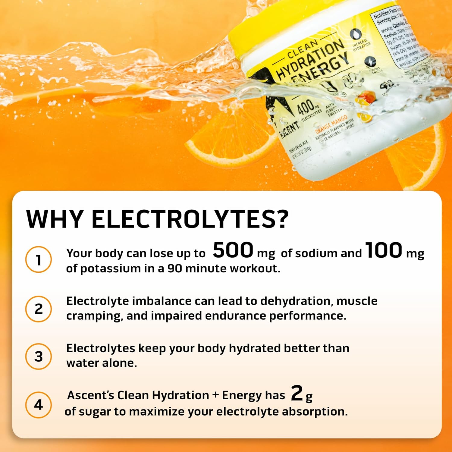 Ascent 100% Whey Protein Powder Chocolate Peanut Butter 4 lb & Electrolytes Orange Mango 40 Servings Combo Pack