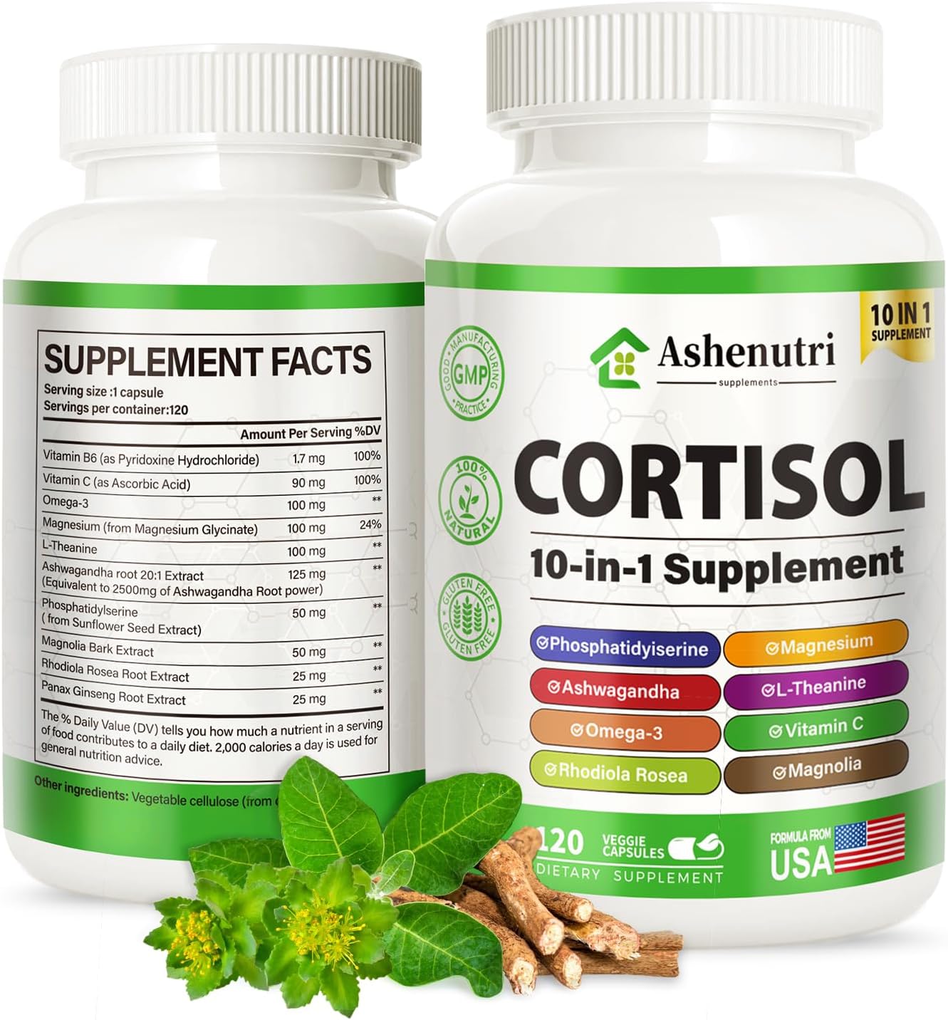 Ashenutri 10-in-1 Cortisol Supplement for Hormone Balance in Women - 120 Vegan Capsules with Magnesium, Ashwagandha, Rhodiola Rosea, L-Theanine