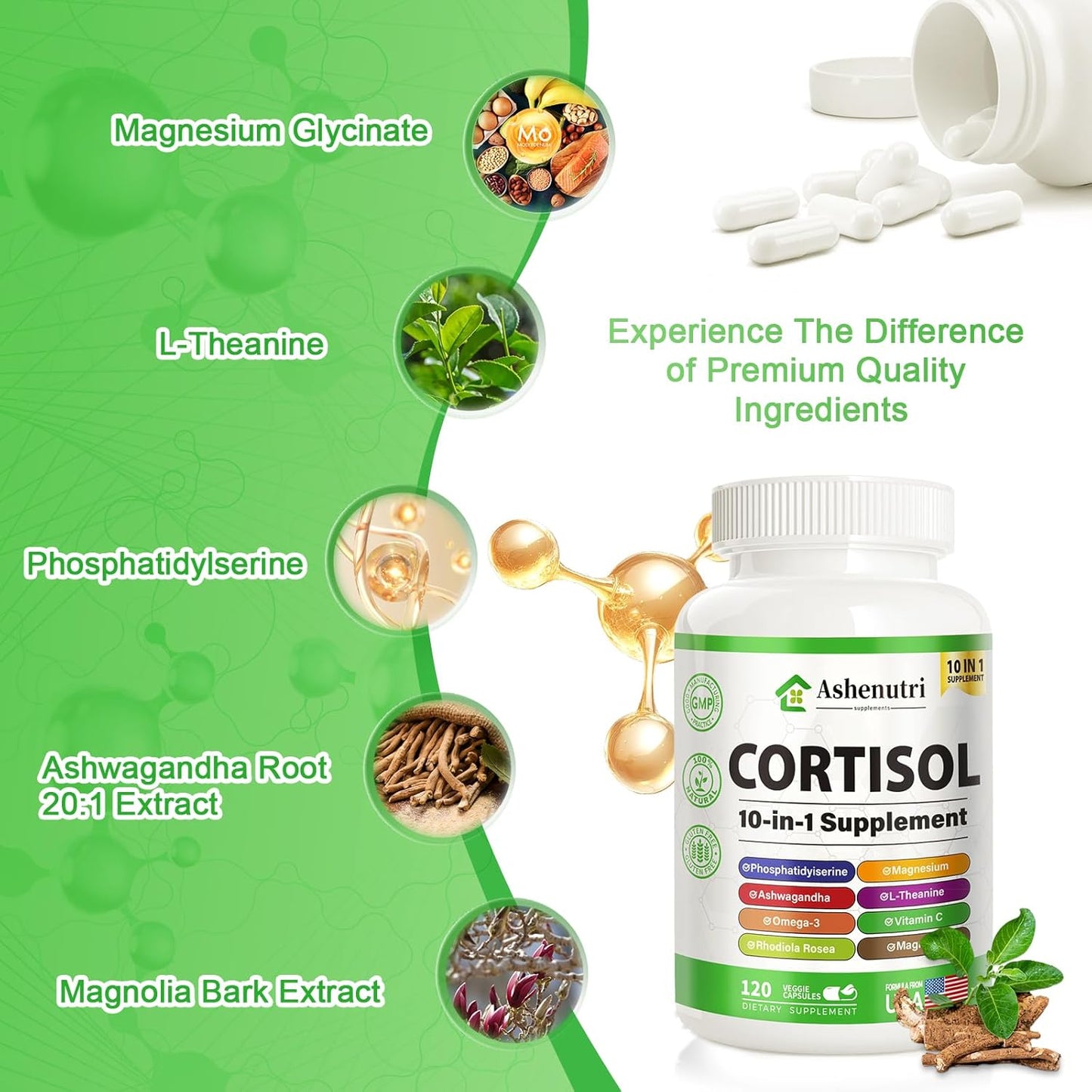 Ashenutri 10-in-1 Cortisol Supplement for Hormone Balance in Women - 120 Vegan Capsules with Magnesium, Ashwagandha, Rhodiola Rosea, L-Theanine