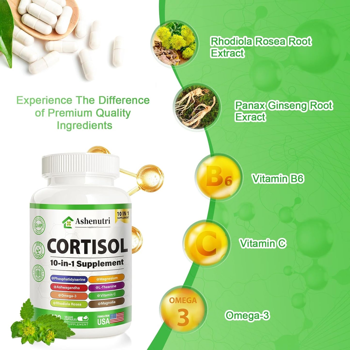Ashenutri 10-in-1 Cortisol Supplement for Hormone Balance in Women - 120 Vegan Capsules with Magnesium, Ashwagandha, Rhodiola Rosea, L-Theanine