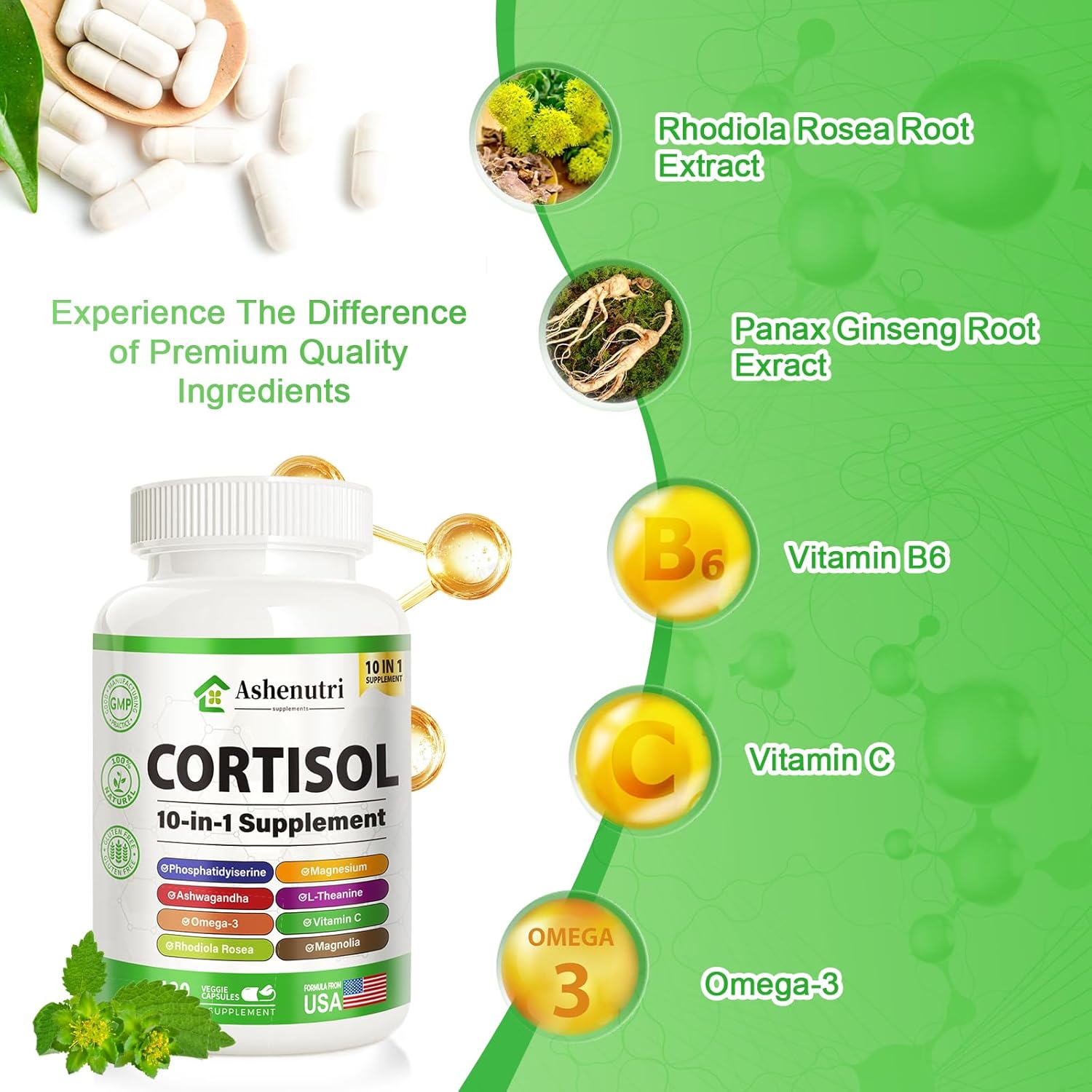 Ashenutri 10-in-1 Cortisol Supplement for Hormone Balance in Women - 120 Vegan Capsules with Magnesium, Ashwagandha, Rhodiola Rosea, L-Theanine