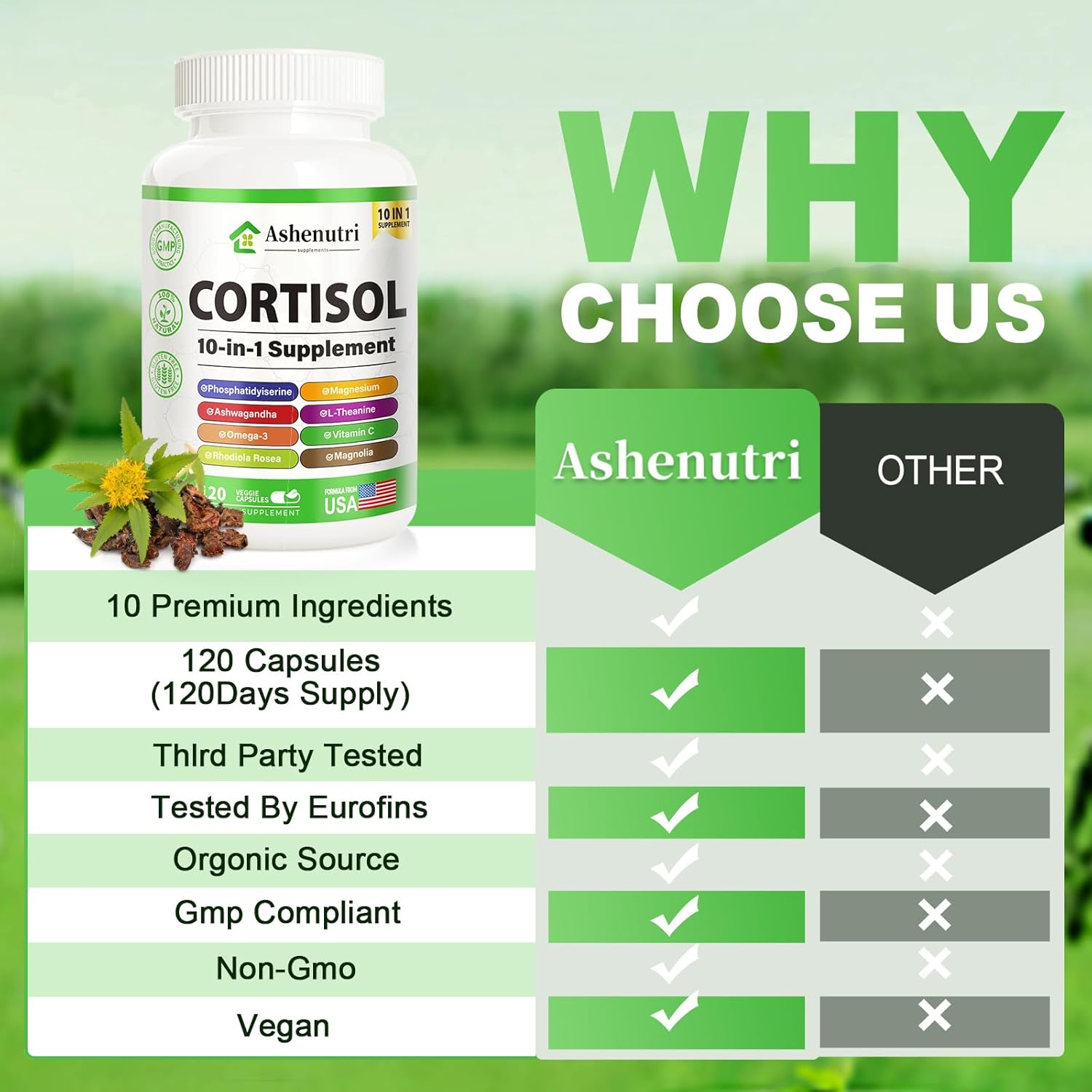 Ashenutri 10-in-1 Cortisol Supplement for Hormone Balance in Women - 120 Vegan Capsules with Magnesium, Ashwagandha, Rhodiola Rosea, L-Theanine