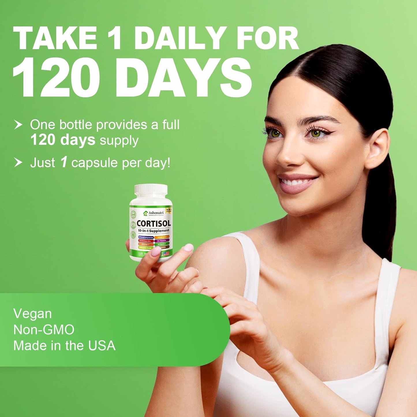 Ashenutri 10-in-1 Cortisol Supplement for Hormone Balance in Women - 120 Vegan Capsules with Magnesium, Ashwagandha, Rhodiola Rosea, L-Theanine
