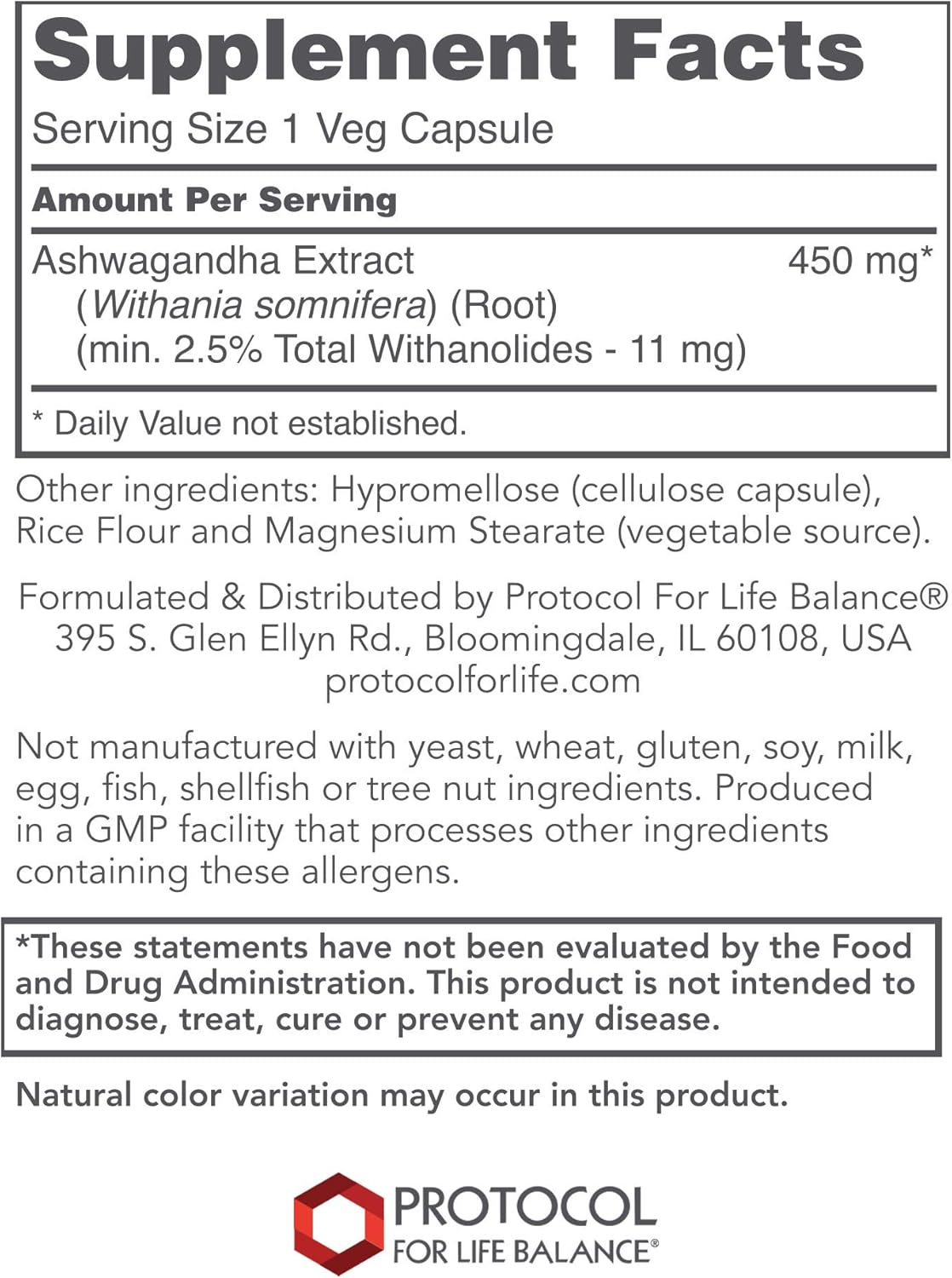 Ashwagandha 450mg Capsules for Immune Support - Ayurvedic Adaptogen Supplement by Protocol for Life Balance