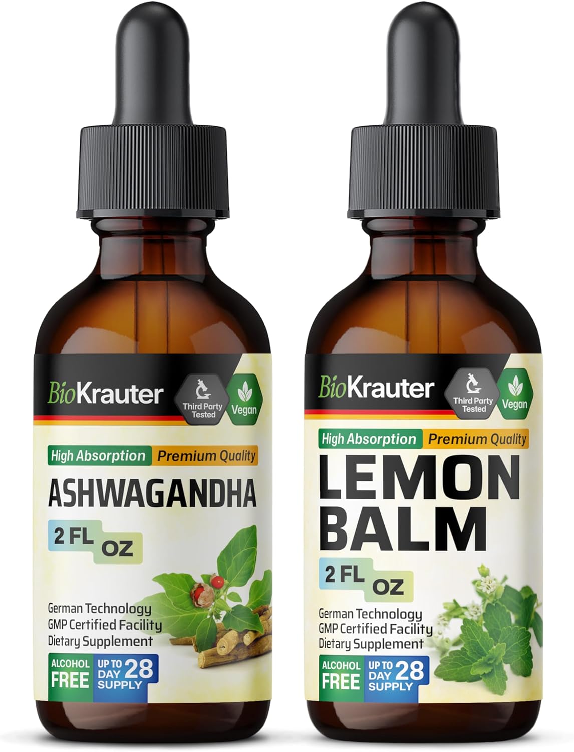 Ashwagandha and Lemon Balm Tincture Bundle - 2 Fl. Oz. Each for Stress Relief and Relaxation