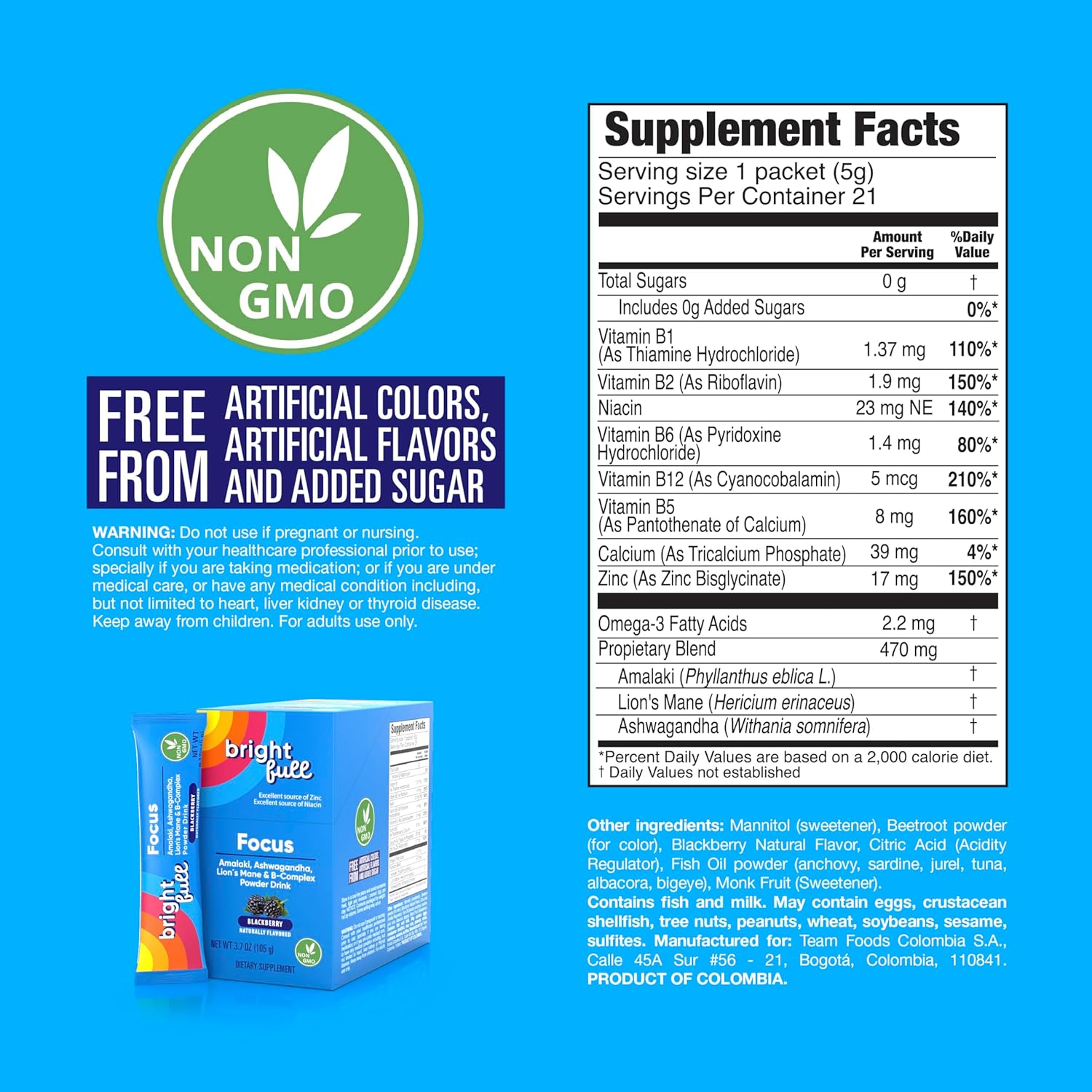 Ashwagandha and Lion's Mane Dietary Supplement Drink Mix with B-Complex Vitamins - BlackBerry Flavored - 21 Packets