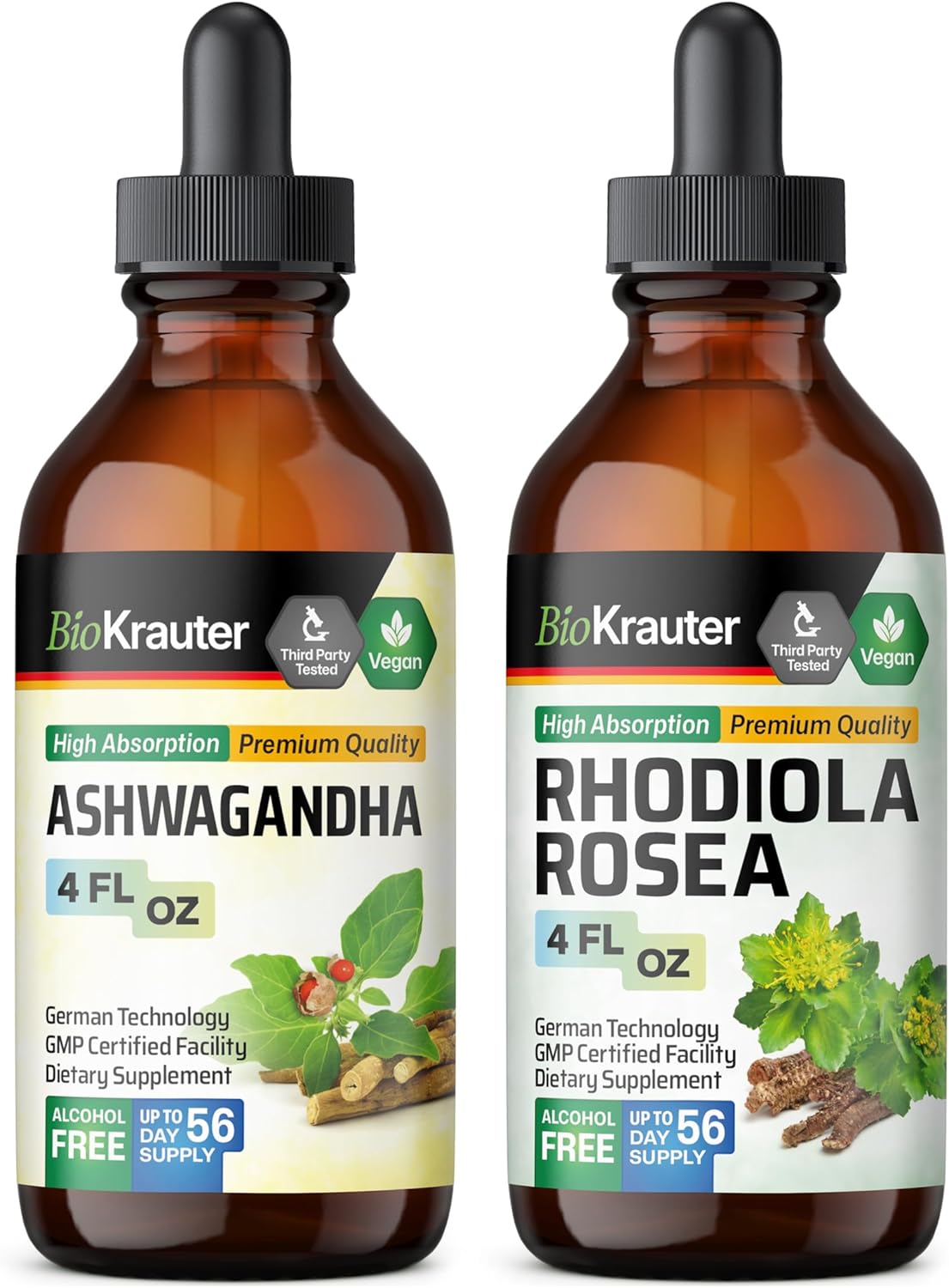 Ashwagandha and Rhodiola Rosea Tincture Bundle - 4 Fl. Oz. Each - BIO KRAUTER