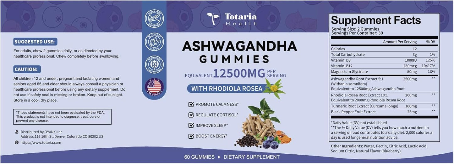 Ashwagandha Gummies 2500mg for Men & Women with Ashwa Root, Magnesium Glycinate, Rhodiola Rosea - 60 Count Pack