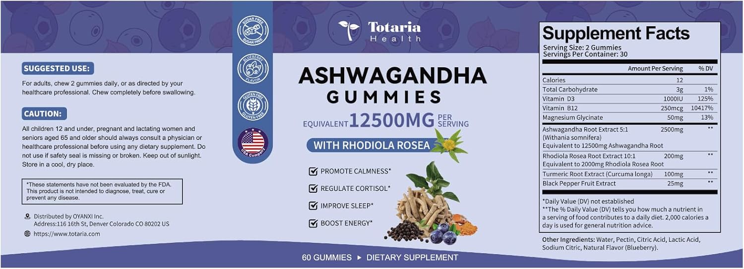 Ashwagandha Gummies 2500mg for Men & Women with Ashwa Root, Magnesium Glycinate, Rhodiola Rosea - 60 Count Pack