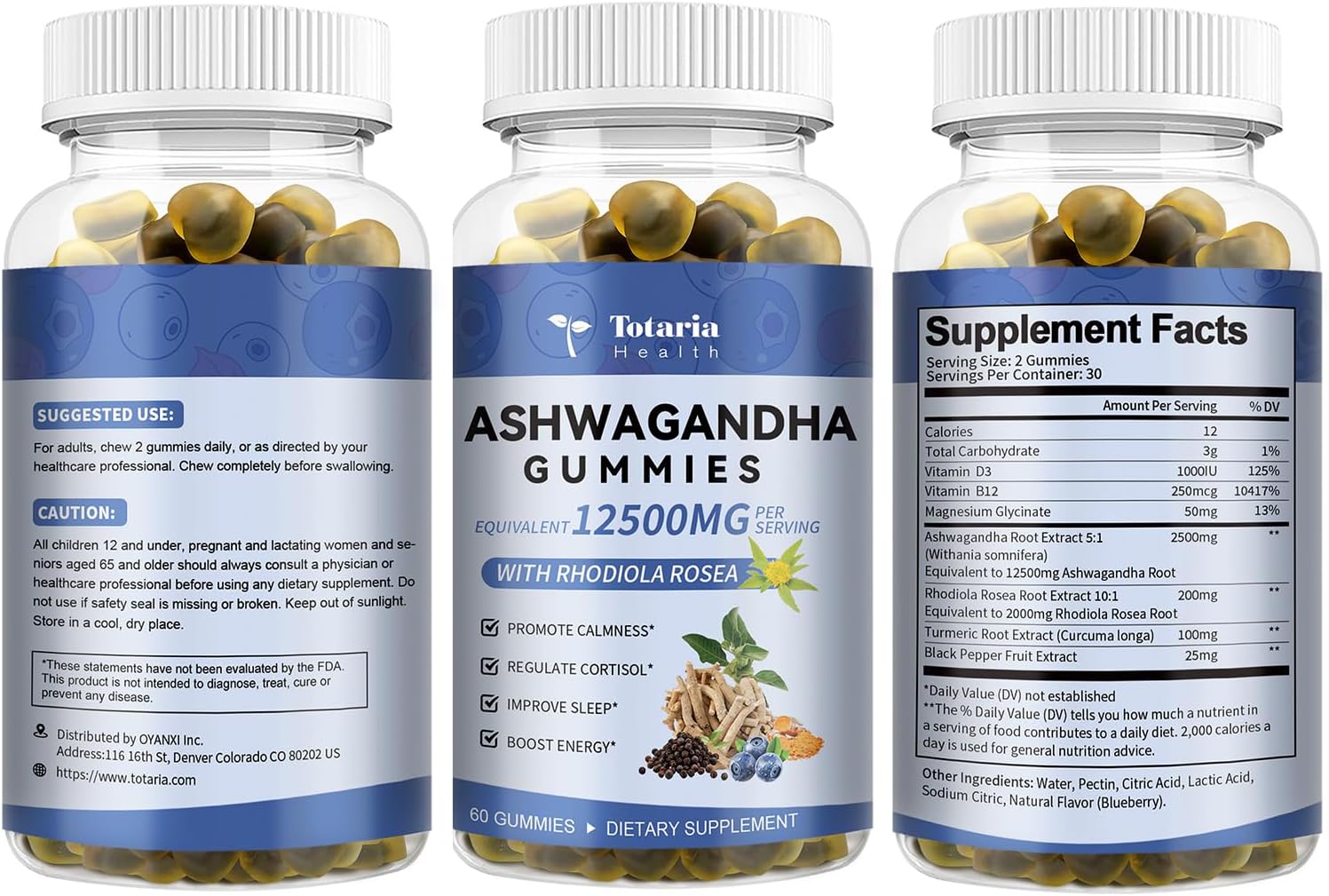 Ashwagandha Gummies 2500mg for Men & Women with Ashwa Root, Magnesium Glycinate, Rhodiola Rosea - 60 Count Pack